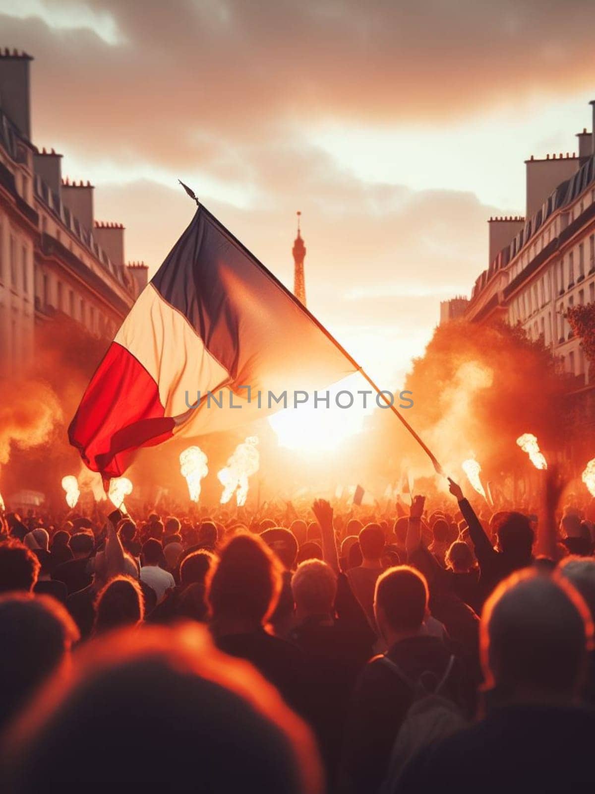 gigantic crowd activist people manifesting in Paris France centre for social issues or celebrating by verbano