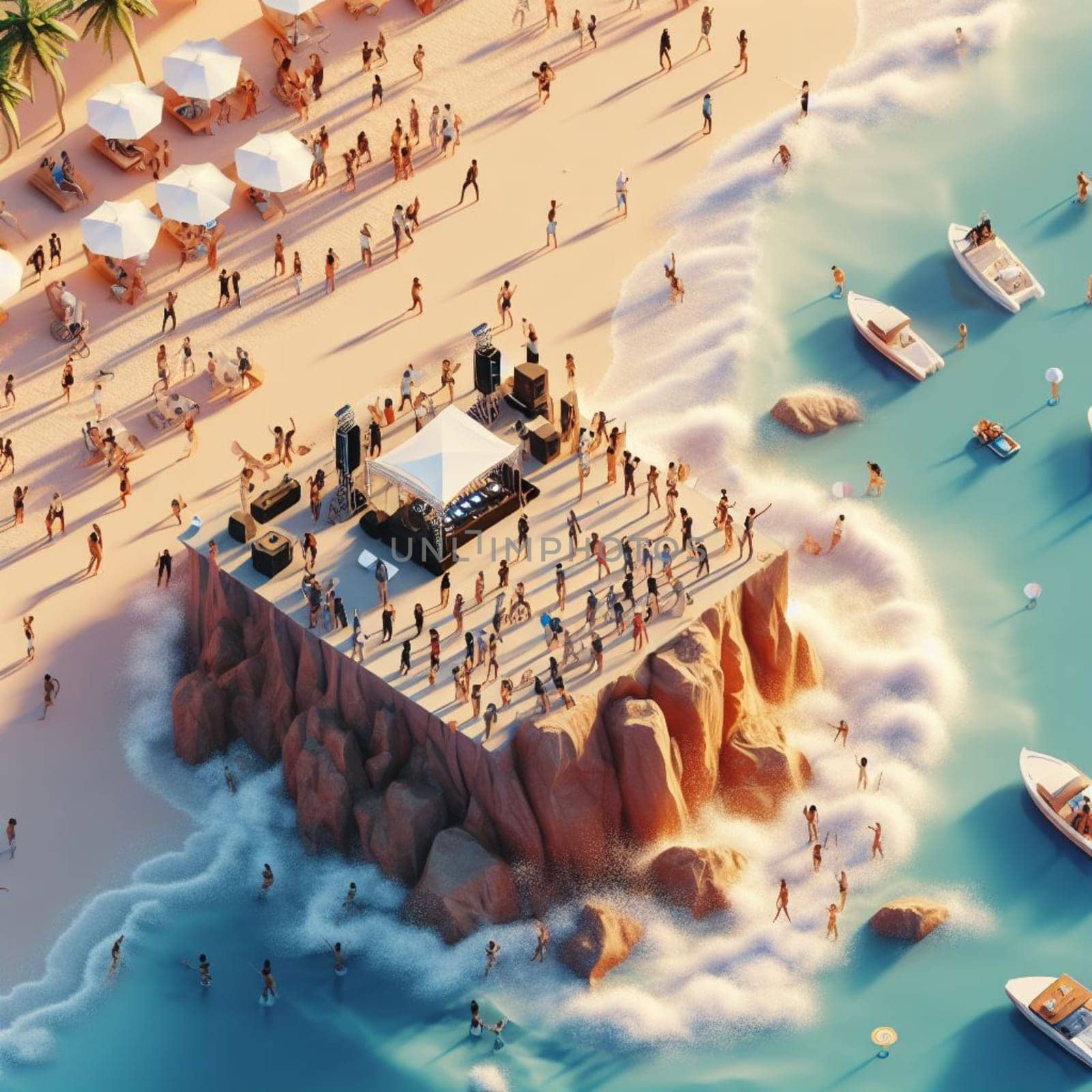 people having fun in the beach, isometric view, sea waves, 3d illustration generative ai art