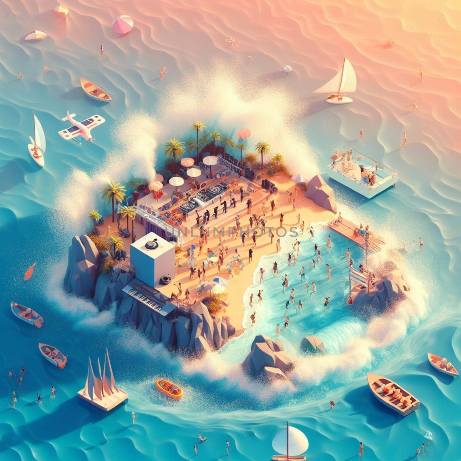 people having fun in the beach, isometric view, sea waves, 3d illustration generative ai art