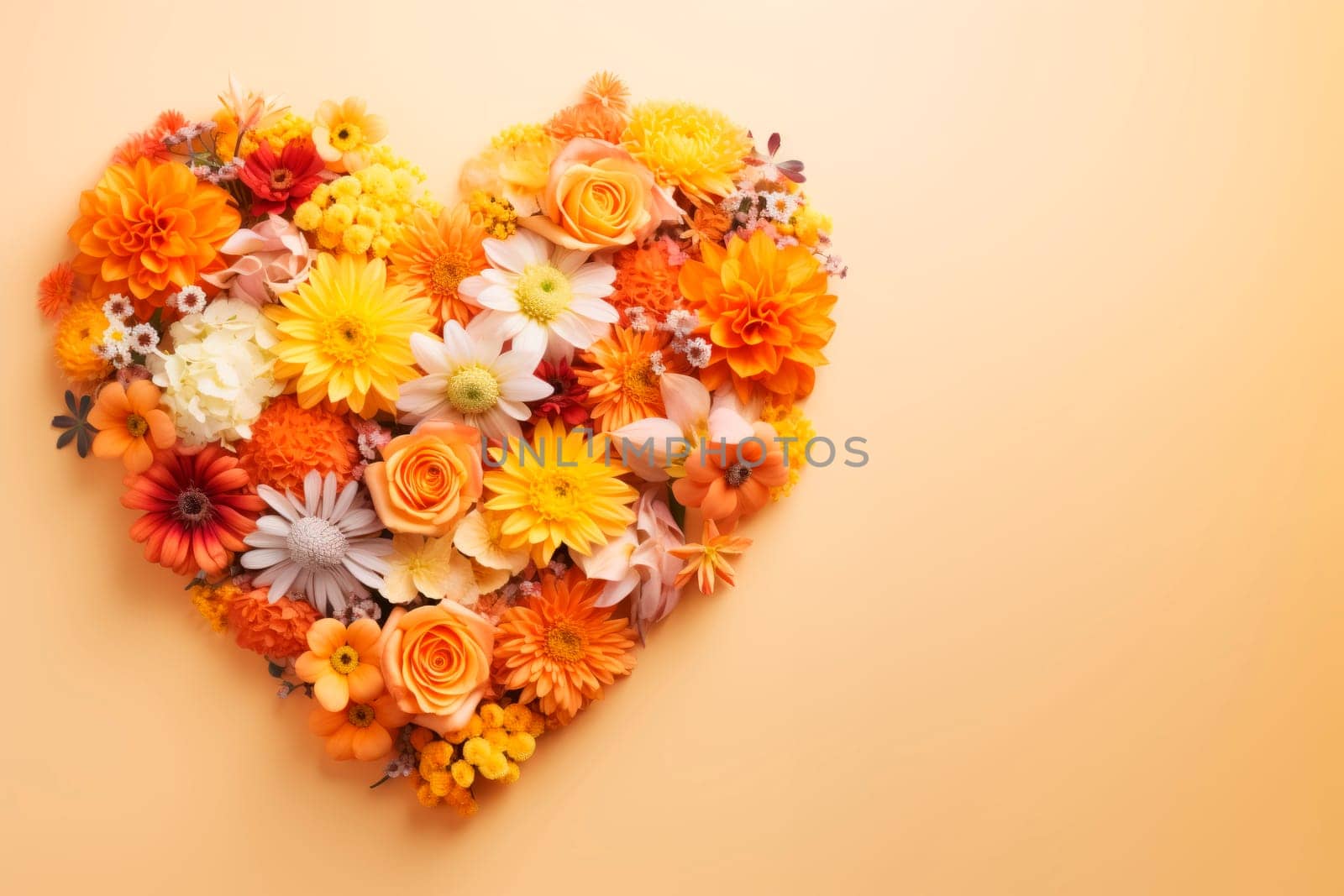 Flowers in orange, peach and yellow shades are laid out in the form of a heart. by Spirina