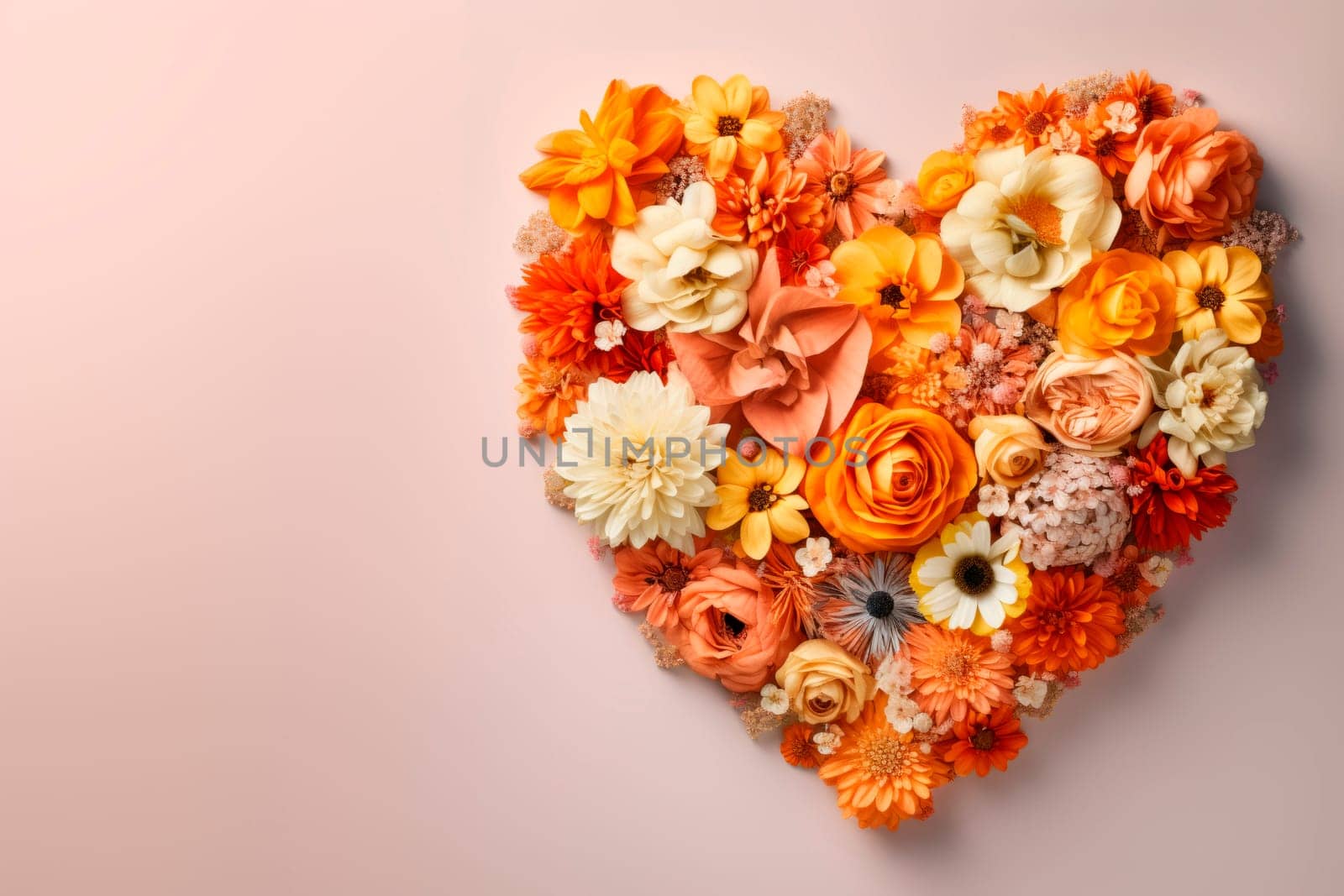 Flowers in orange, peach and yellow shades are laid out in the form of a heart. The copy space. Minimalism.