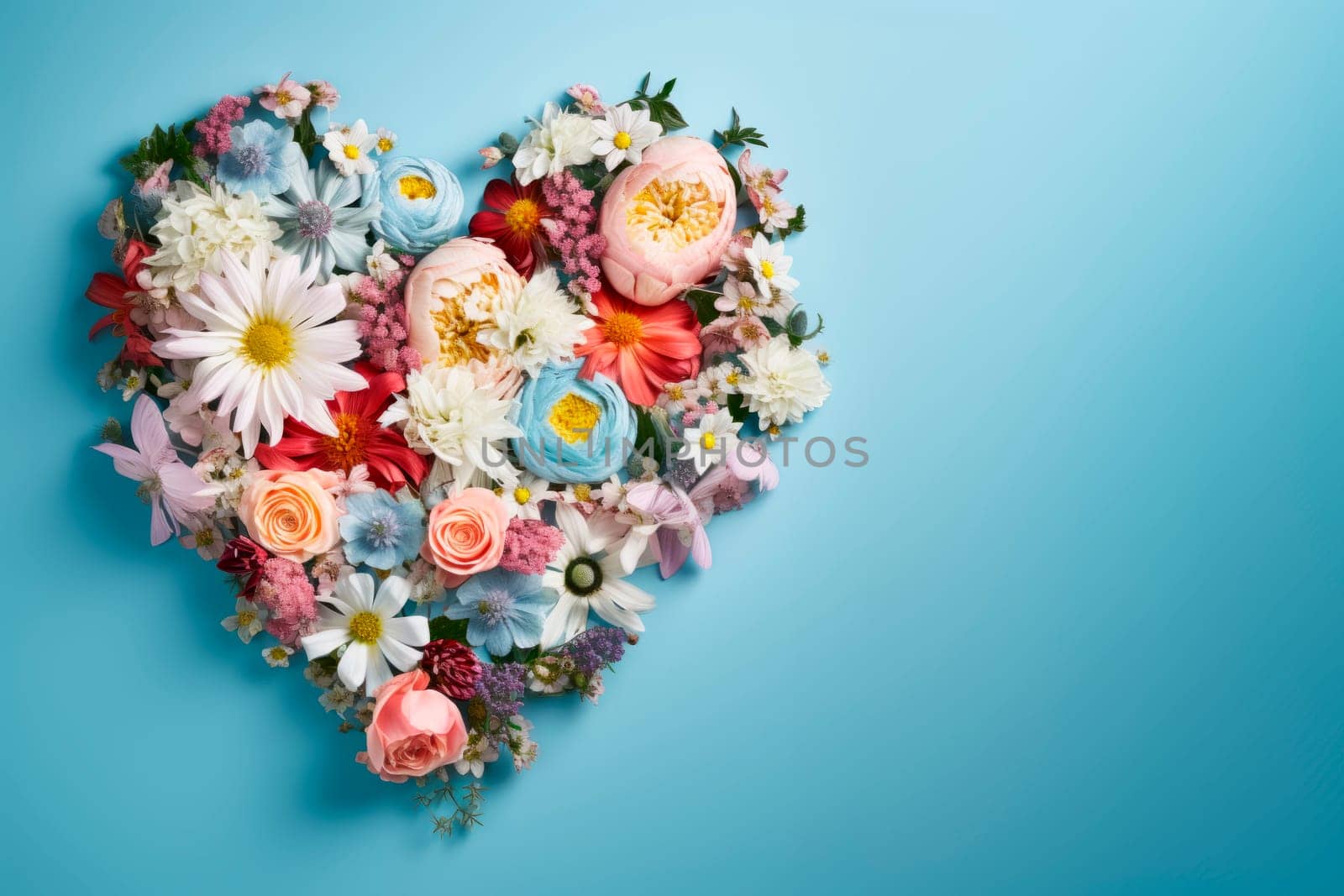 Multicolored flowers are laid out in the shape of a heart on a blue background. The copy space. Minimalism.