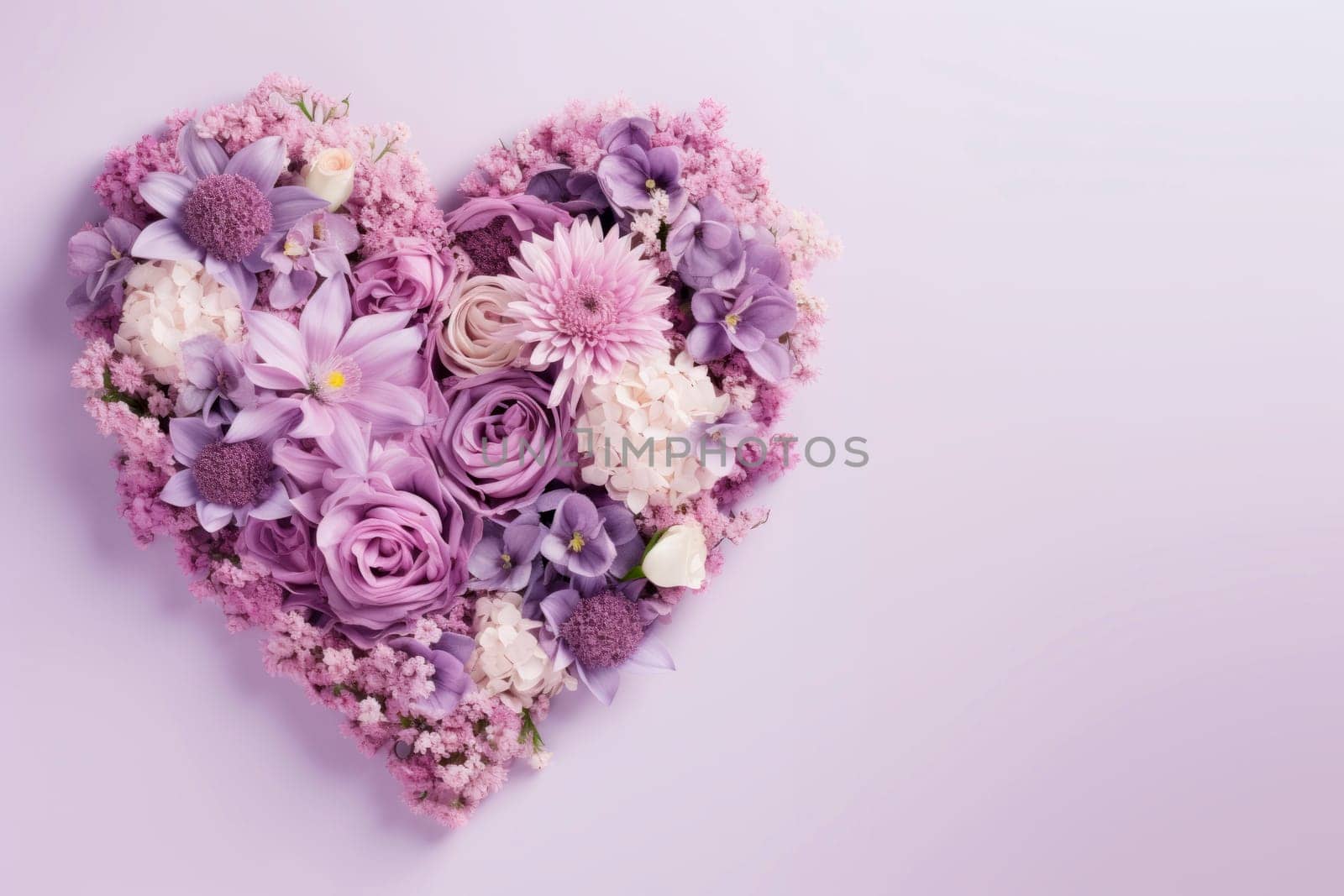 Multicolored flowers are laid out in the shape of a heart on a lilac background. The copy space. Minimalism.