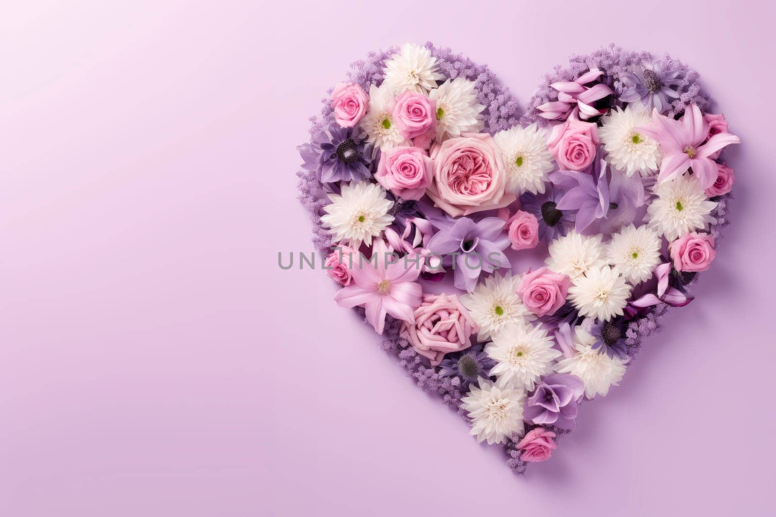 Multicolored flowers are laid out in the shape of a heart on a lilac background. The copy space. Minimalism.