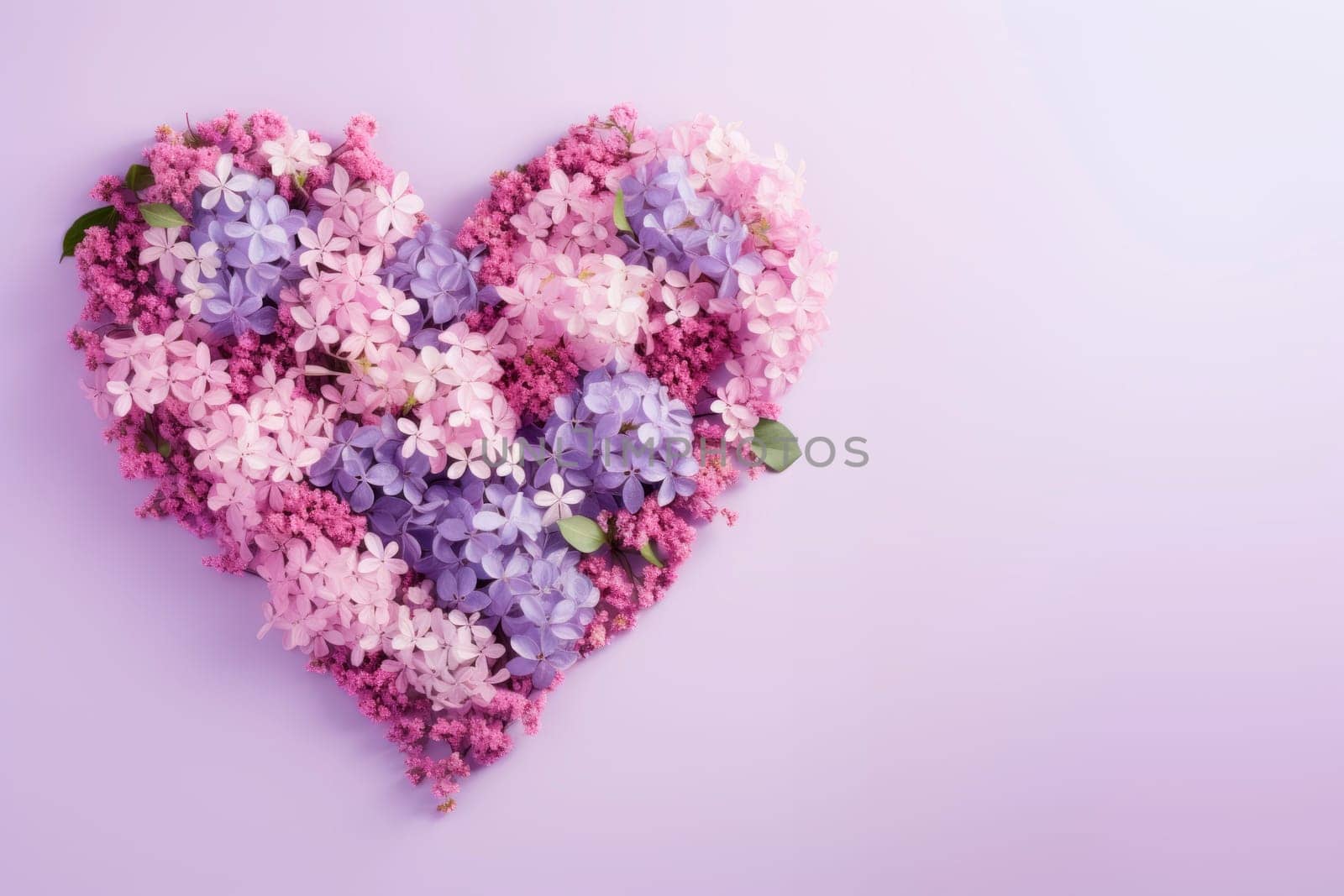 Multicolored flowers are laid out in the shape of a heart on a lilac background. by Spirina
