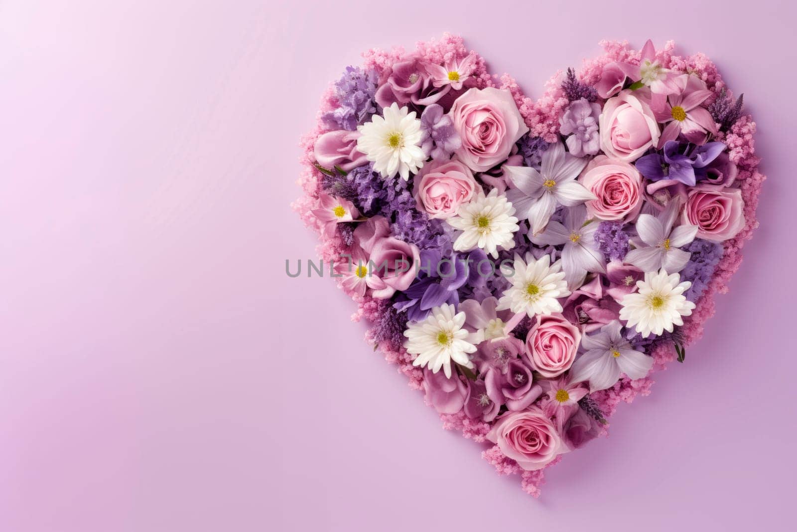 Multicolored flowers are laid out in the shape of a heart on a lilac background. The copy space. Minimalism.