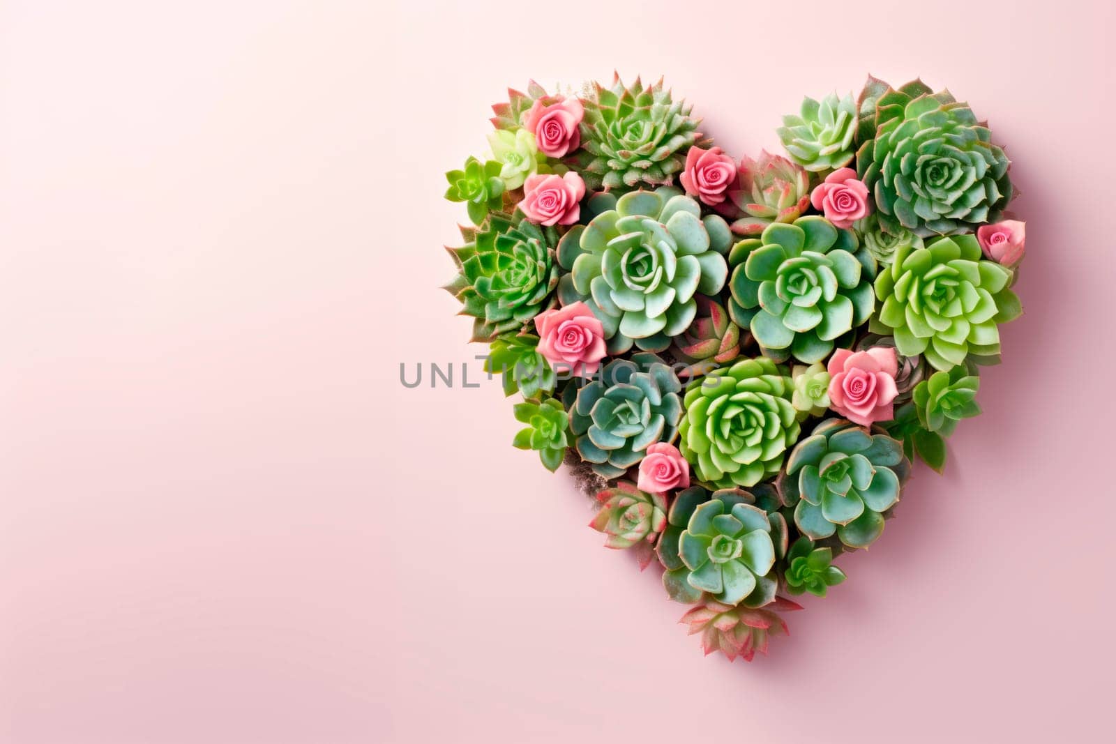 Succulents and cacti are laid out in the shape of a heart. The copy space. Minimalism.