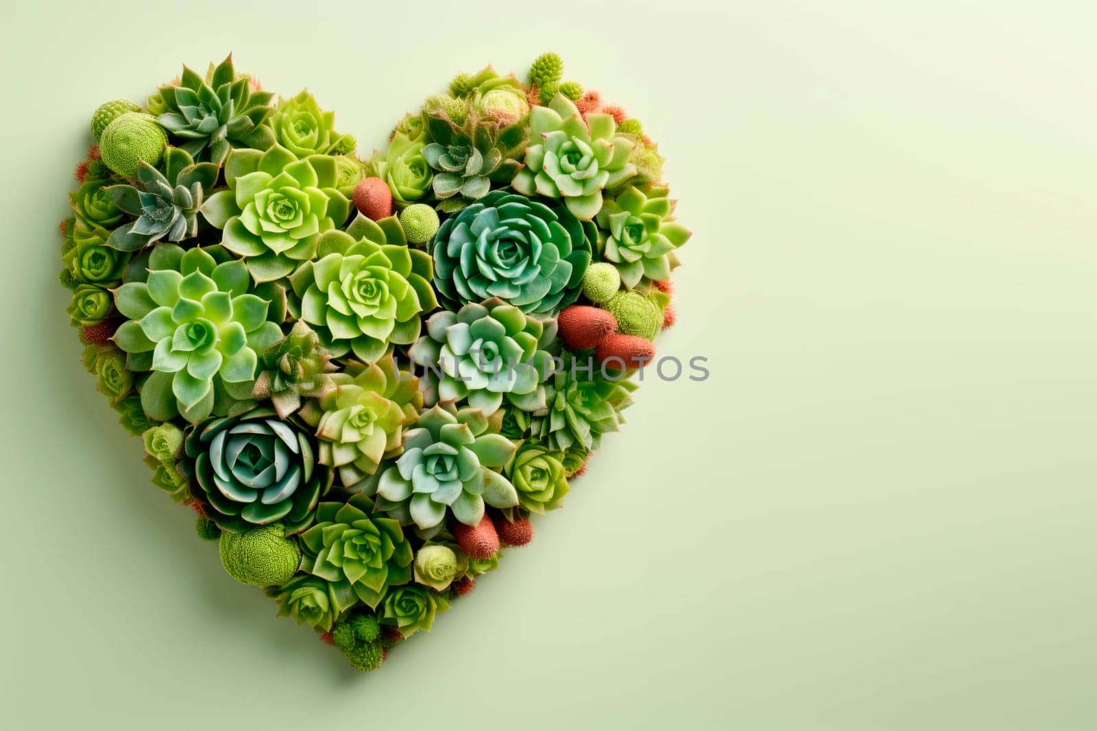 Succulents and cacti are laid out in the shape of a heart. by Spirina