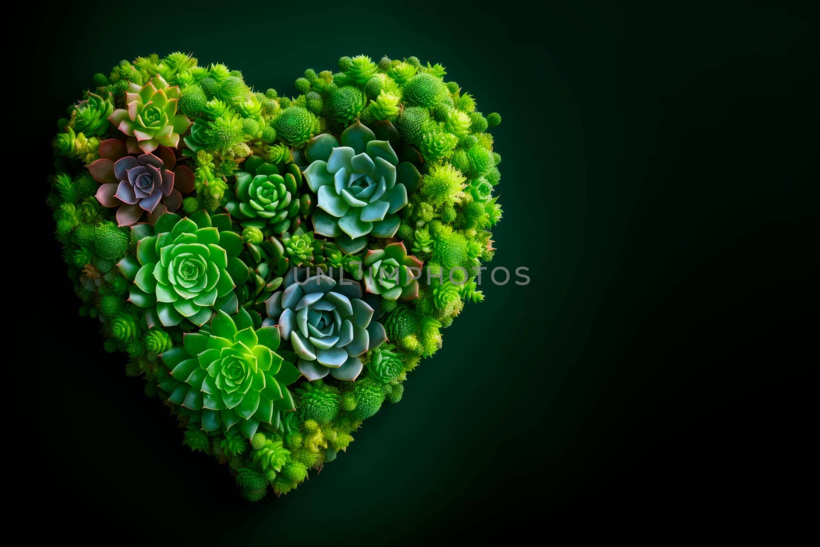 Succulents and cacti are laid out in the shape of a heart. The copy space. Minimalism.