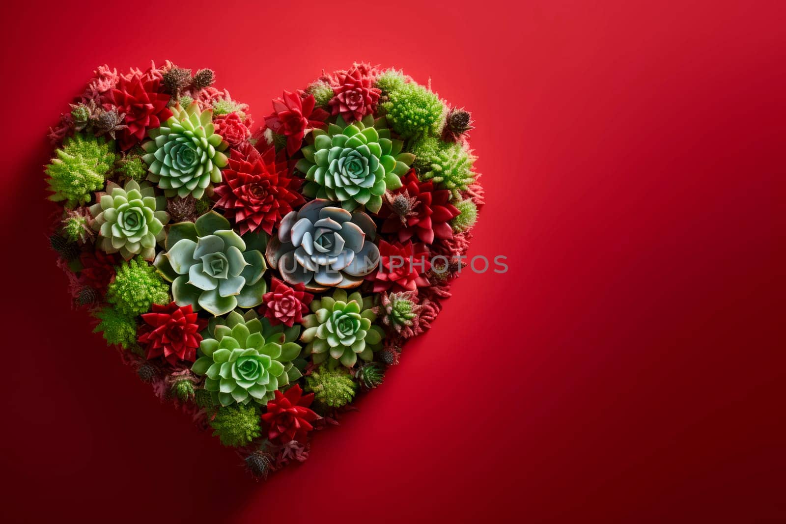 Succulents and cacti are laid out in the shape of a heart. The copy space. Minimalism.