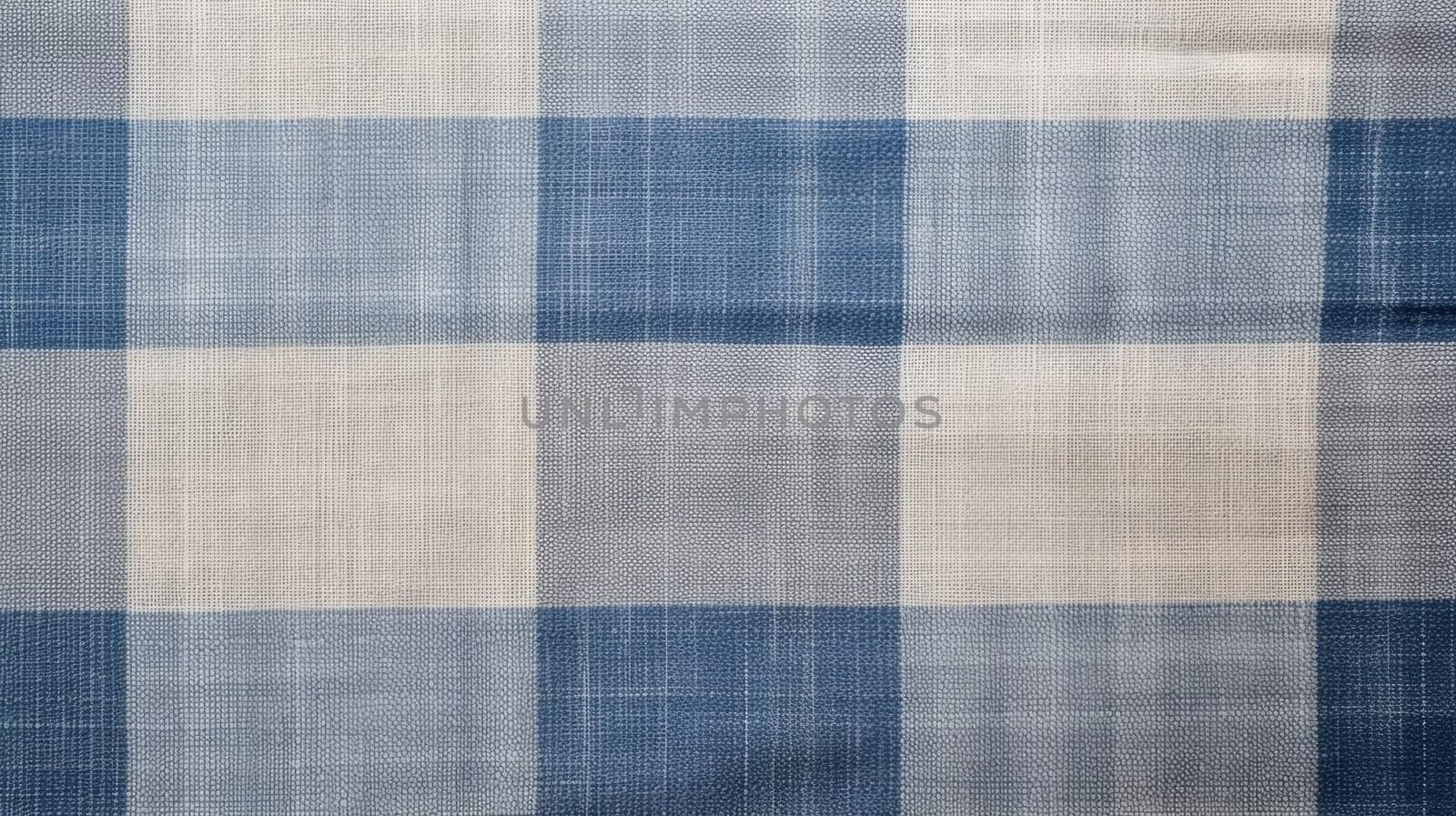 Background made of natural linen fabric in a checkered pattern, blue and natural colors, AI generated.