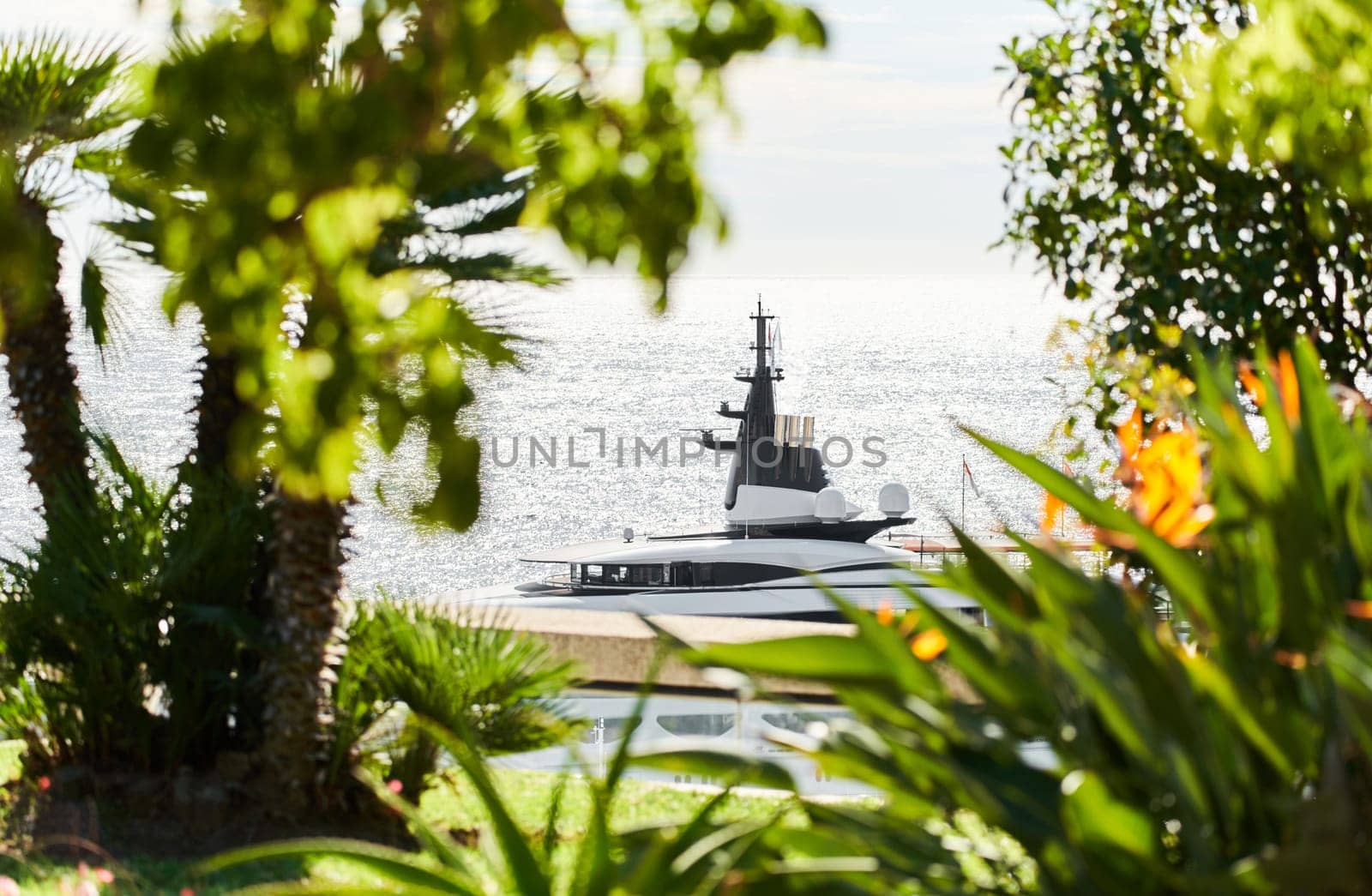 top of huge luxury yacht through trees and flowers at sunny day, the famous motorboat exhibition in the principality. High quality photo