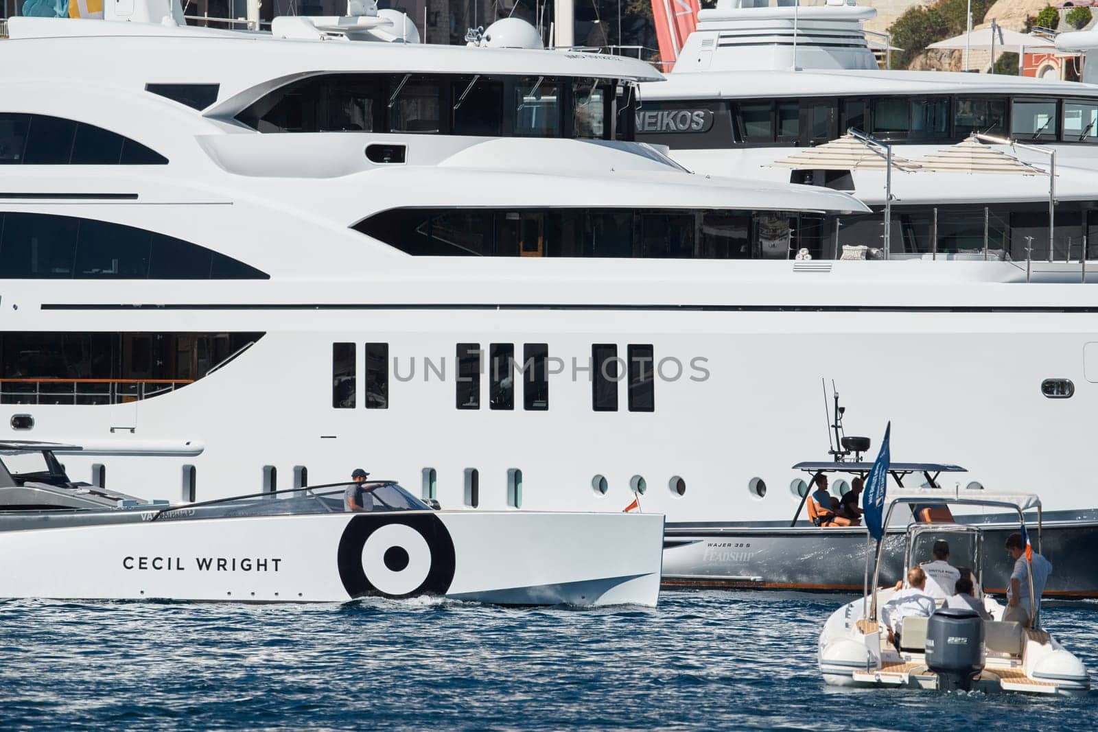 Monaco, Monte Carlo, 28 September 2022 - a lot of luxury yachts at the famous motorboat exhibition in the principality, the most expensive boats for the richest people around the world, yacht brokers. High quality photo