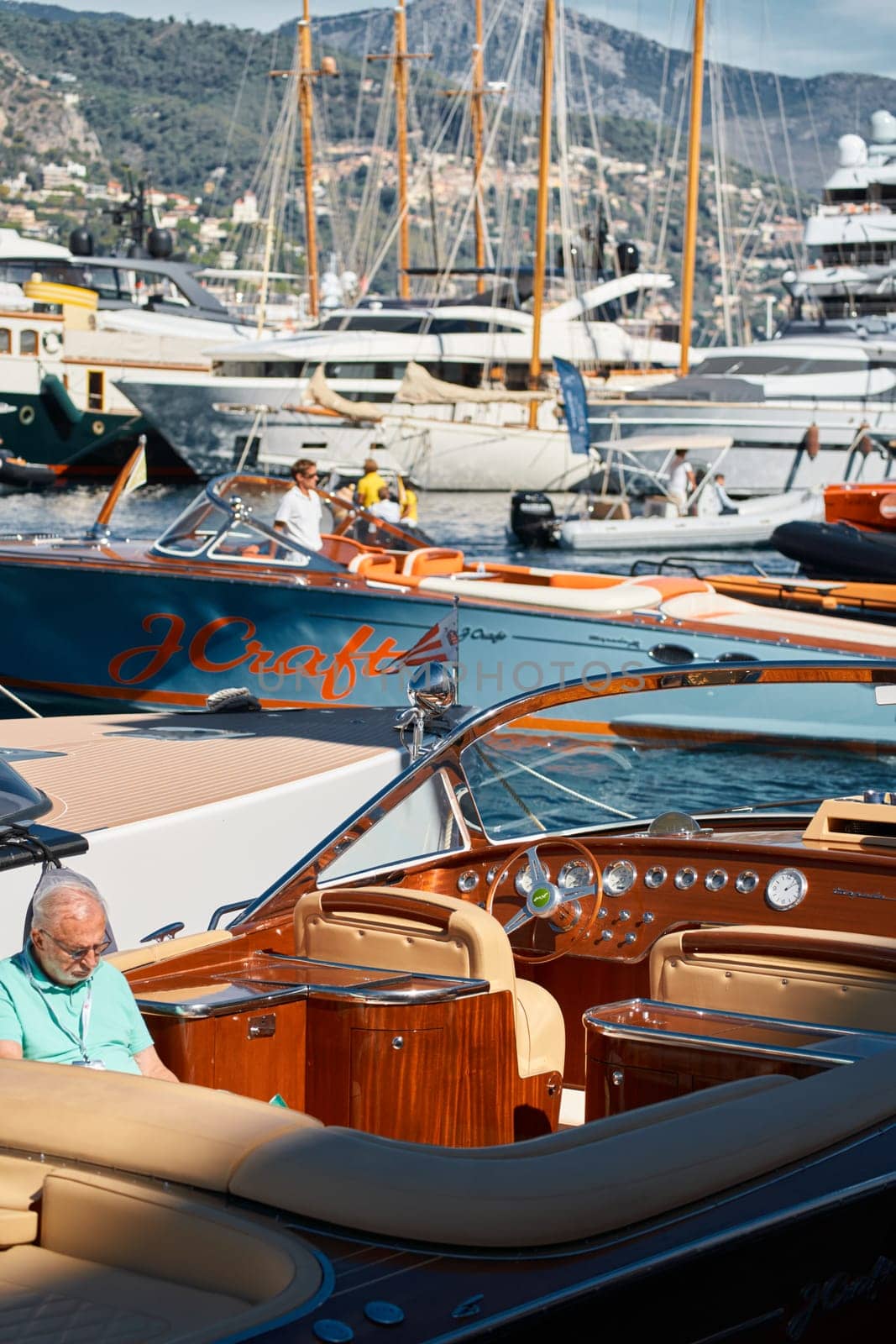 Monaco, Monte Carlo, 28 September 2022 - a lot of luxury yachts at the famous motorboat exhibition in the principality, the most expensive boats for the richest people around the world, yacht brokers. High quality photo