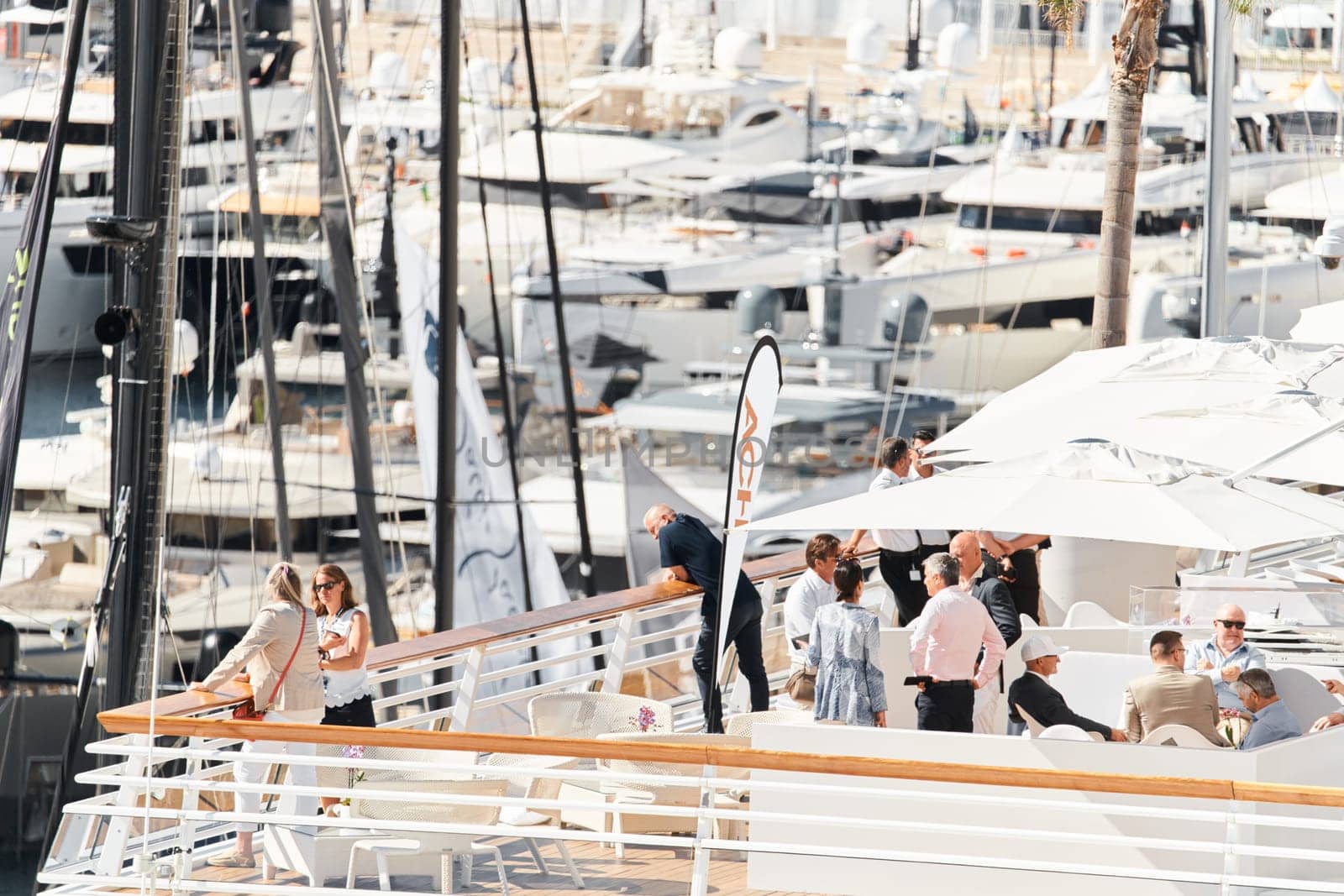 Monaco, Monte Carlo, 28 September 2022 - a lot of luxury yachts at the famous motorboat exhibition in the principality, the most expensive boats for the richest people around the world, yacht brokers. High quality photo