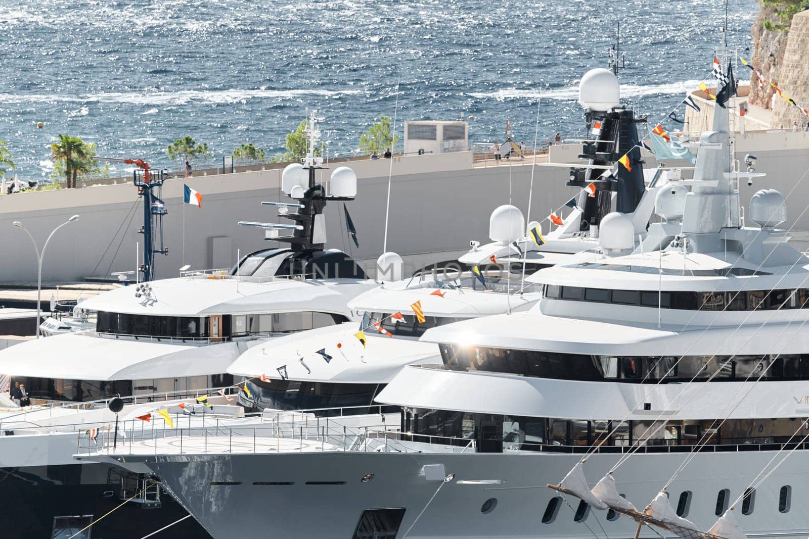 Monaco, Monte Carlo, 28 September 2022 - a lot of luxury yachts at the famous motorboat exhibition in the principality, the most expensive boats for the richest people around the world, yacht brokers. High quality photo