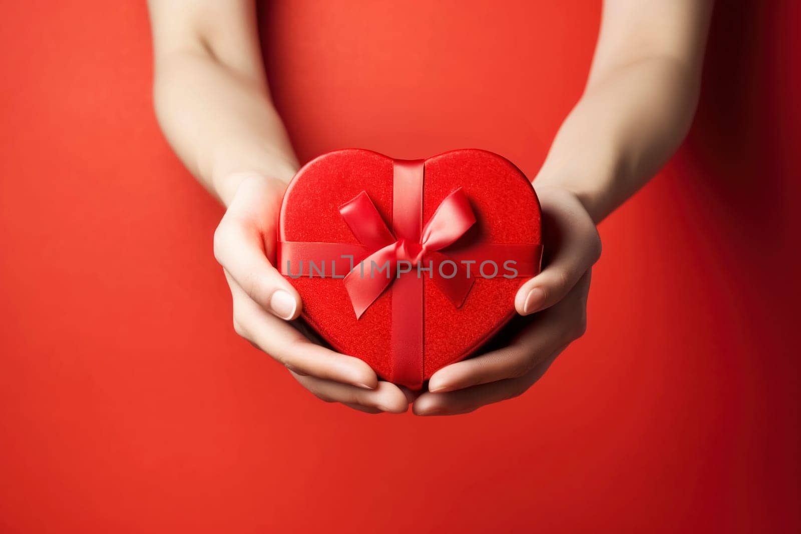 Woman's hands with a heart-shaped gift box against a red backdrop by andreyz