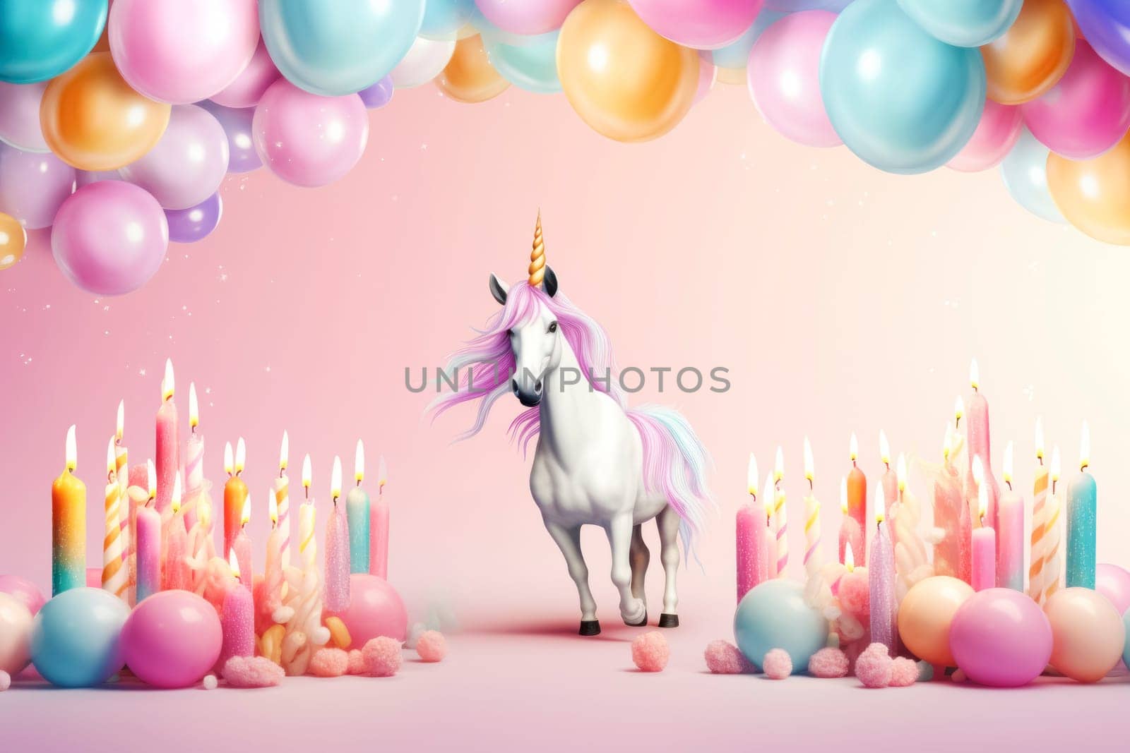Poster or birthday card with unicorn, cake, balloons and candles in bright colors. Birthday card