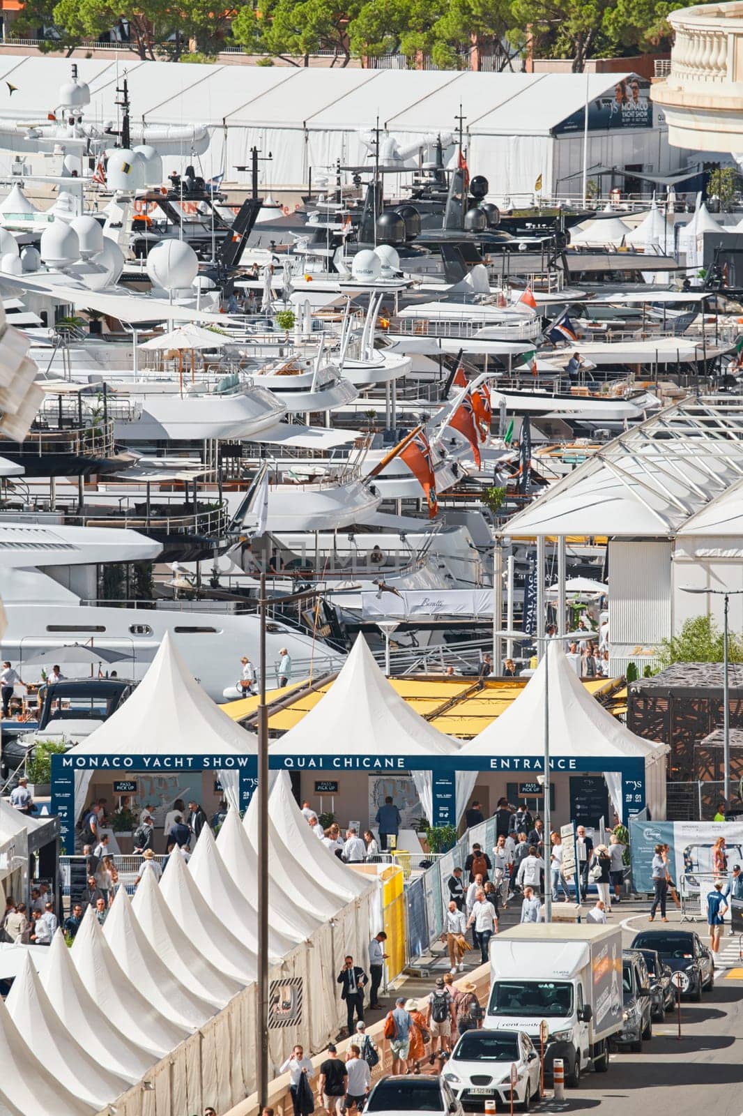 Monaco, Monte Carlo, 28 September 2022 - a lot of luxury yachts at the famous motorboat exhibition in the principality, the most expensive boats for the richest people around the world, yacht brokers. High quality photo