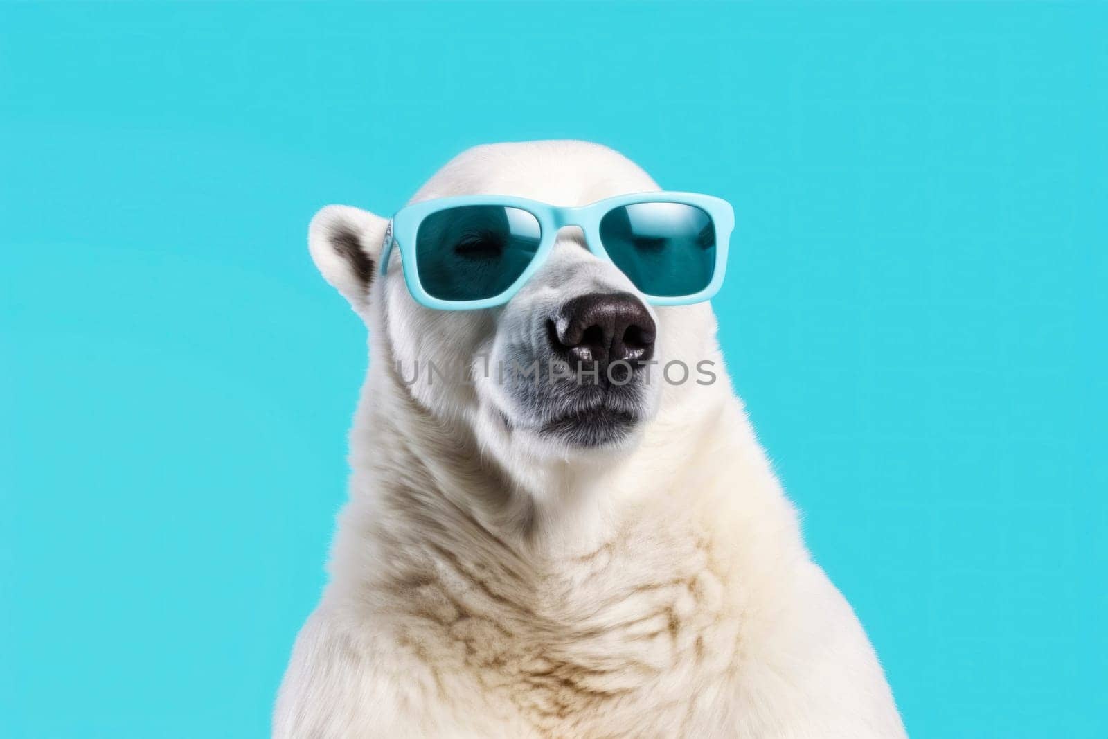 Advertising poster or banner with white polar bear in sunglasses against a stylish blue backdrop, radiating winter charm