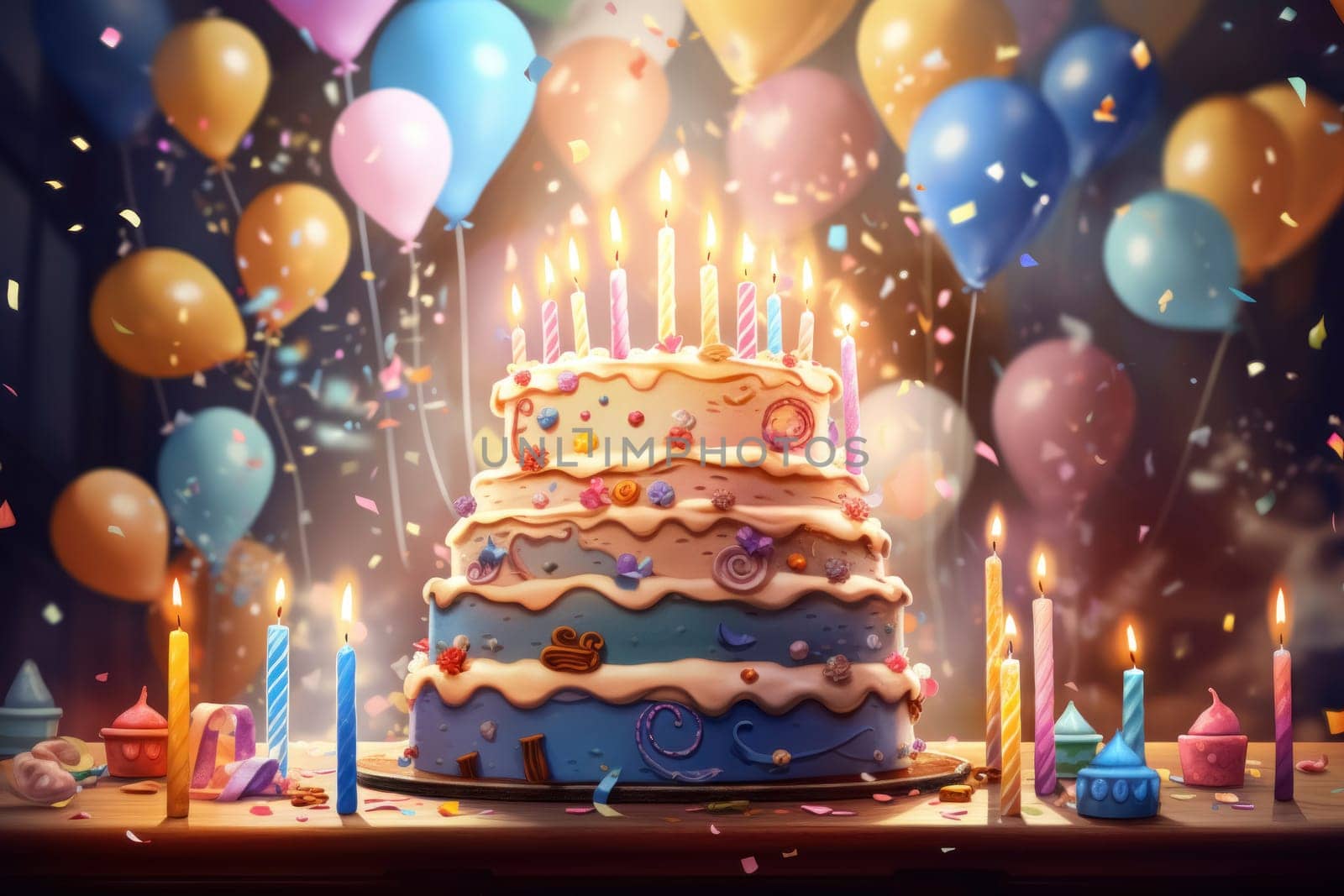 Birthday background with birthday cake with birthday candles and colorful balloon. Birthday card.