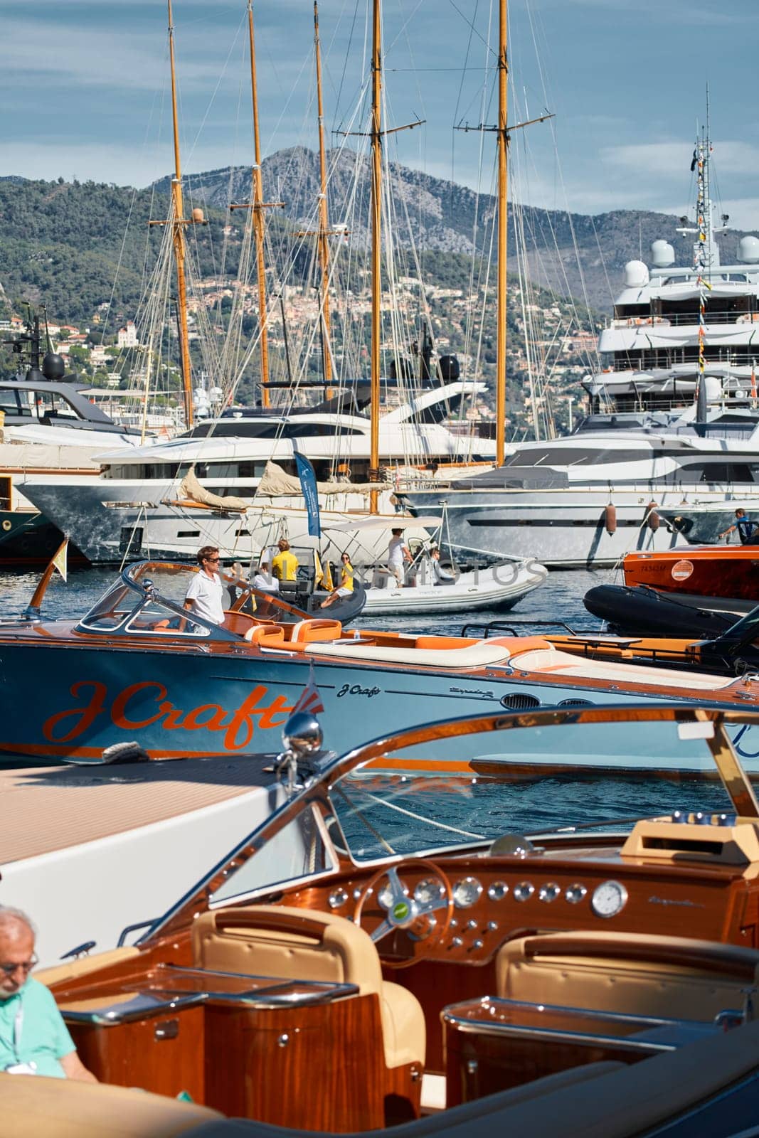 Monaco, Monte Carlo, 28 September 2022 - a lot of luxury yachts at the famous motorboat exhibition in the principality, the most expensive boats for the richest people around the world, yacht brokers. High quality photo