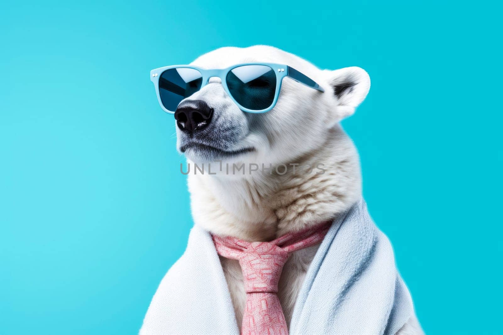 Advertising poster or banner with white polar bear in sunglasses against a stylish blue backdrop, radiating winter charm