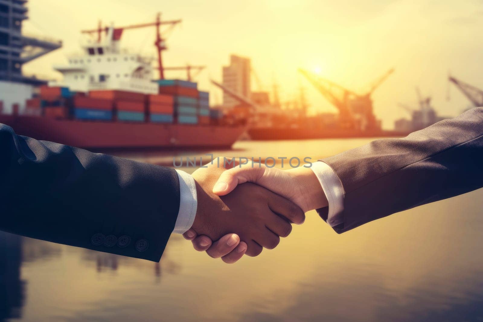 Businessmen shaking hands on background with cargo sea port. Business deal concept by andreyz