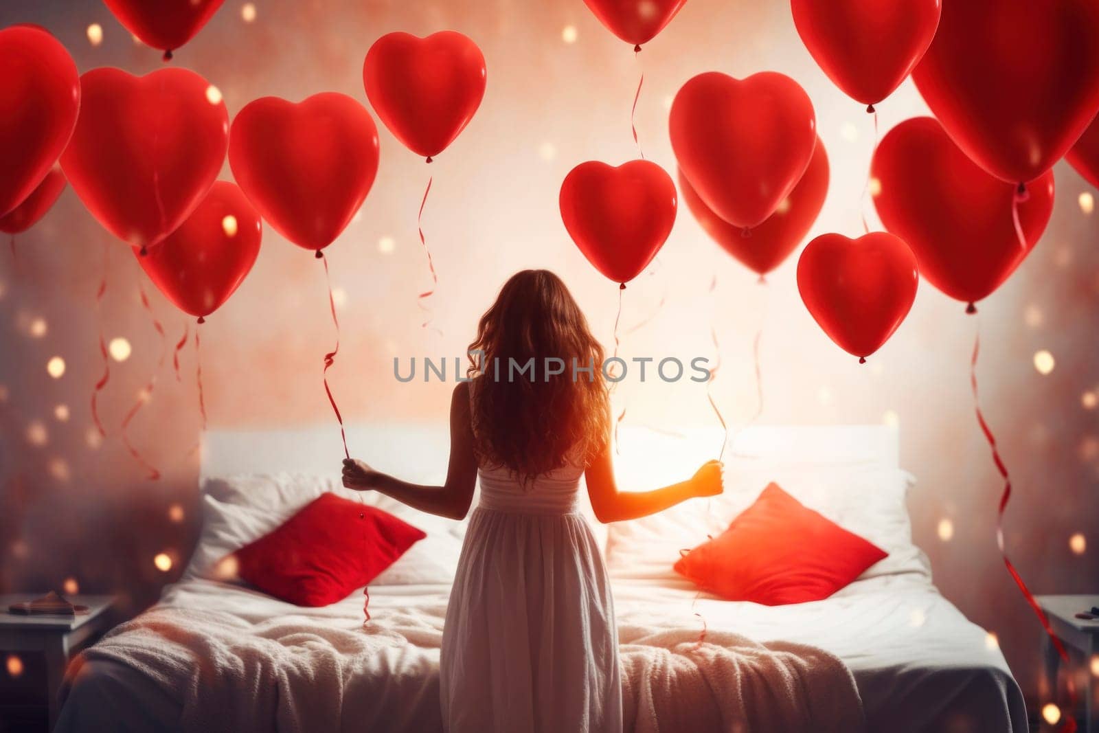 A happy woman enjoys a love-filled moment in a bedroom with heart-shaped balloons