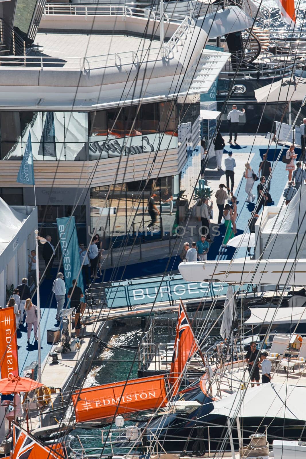 Monaco, Monte Carlo, 28 September 2022 - a lot of luxury yachts at the famous motorboat exhibition in the principality, the most expensive boats for the richest people around the world, yacht brokers. High quality photo