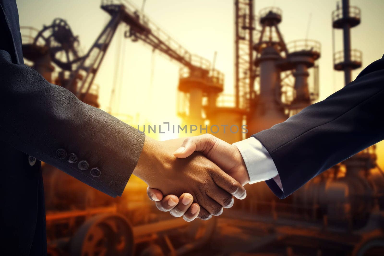 Businessmen shaking hands on background with oil derricks. Business deal concept.