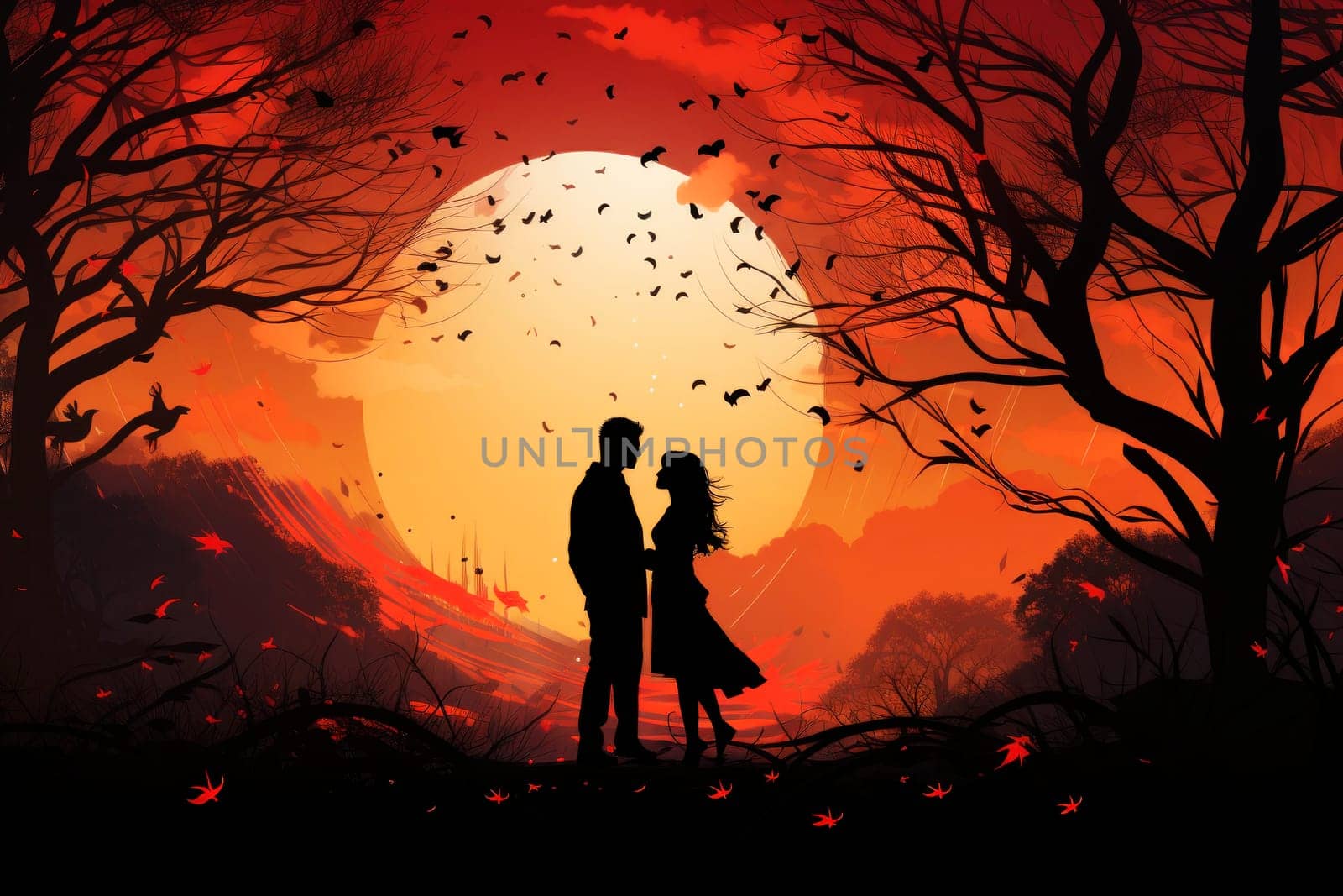 Silhouette of a loving couple of a man and a woman against a sunset background by andreyz