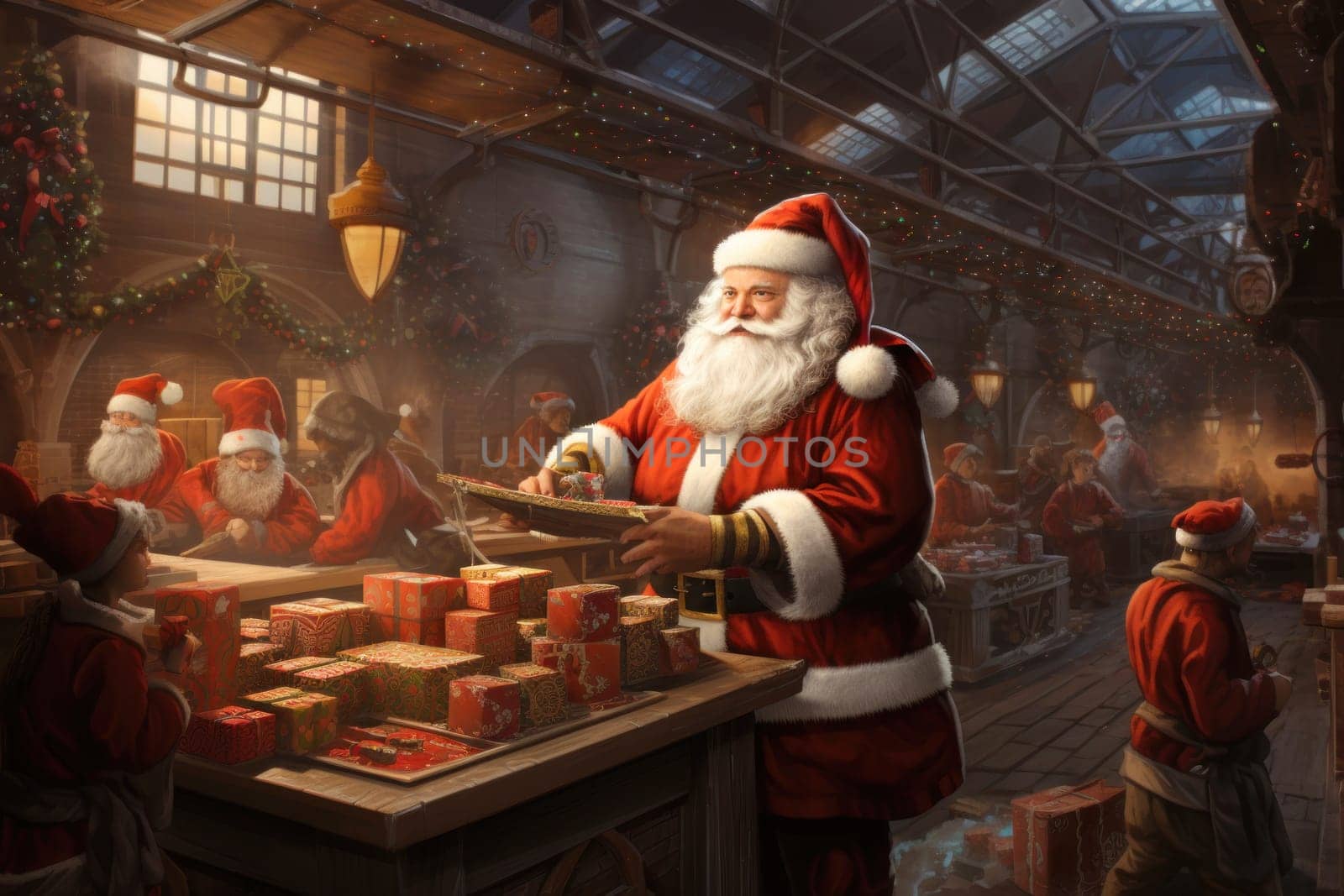 Santa Claus works diligently, creating and wrapping toys in his festive workshop for children's Christmas delight