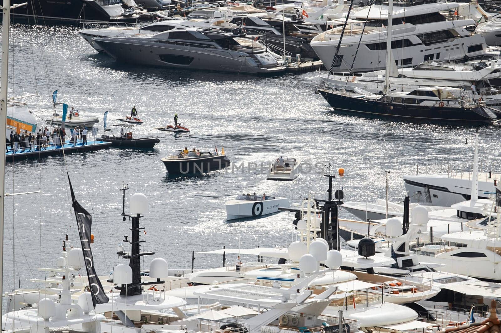 Monaco, Monte Carlo, 28 September 2022 - a lot of luxury yachts at the famous motorboat exhibition in the principality, the most expensive boats for the richest people around the world, yacht brokers. High quality photo