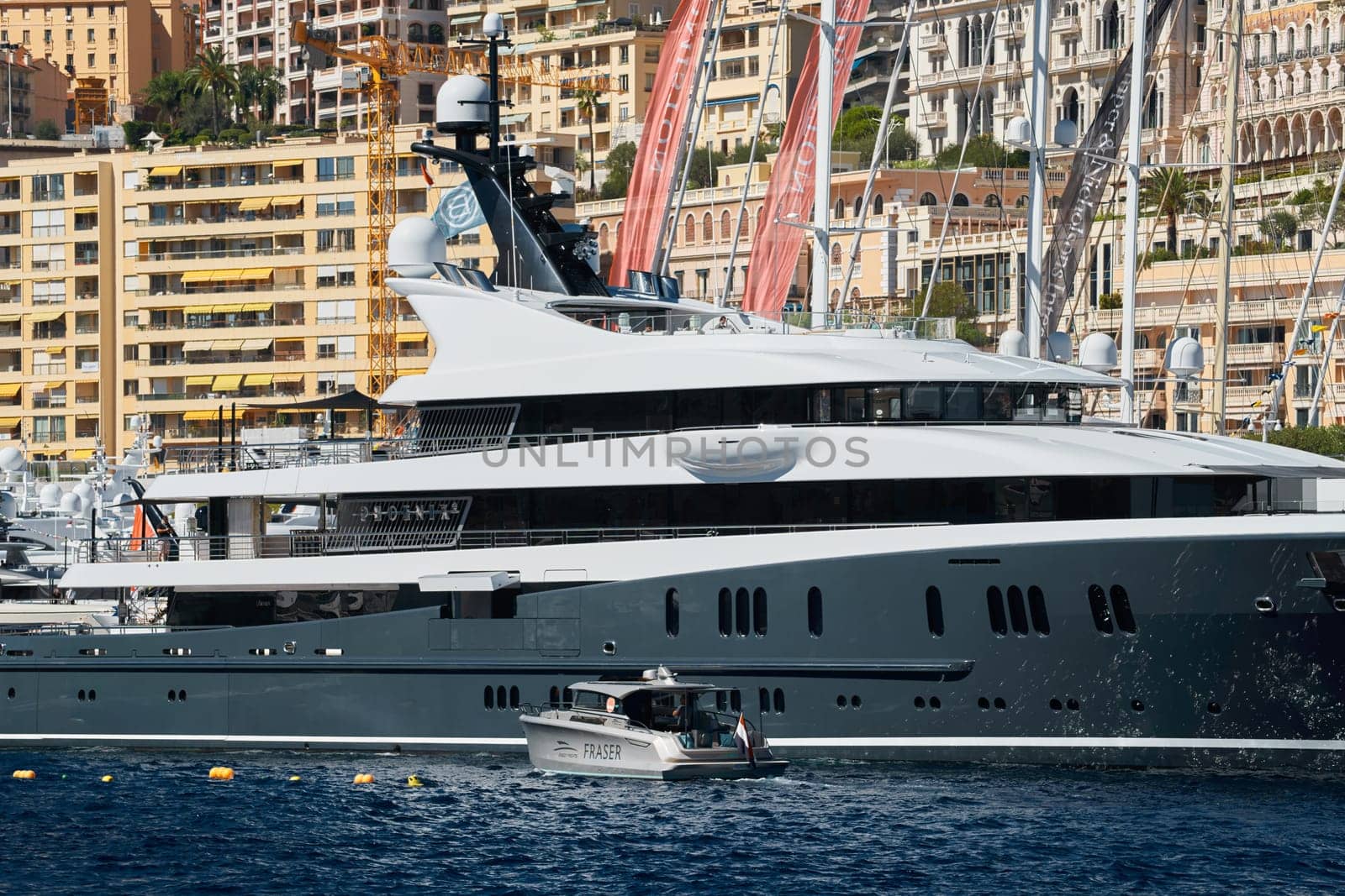 Monaco, Monte Carlo, 28 September 2022 - a lot of luxury yachts at the famous motorboat exhibition in the principality, the most expensive boats for the richest people around the world, yacht brokers. High quality photo