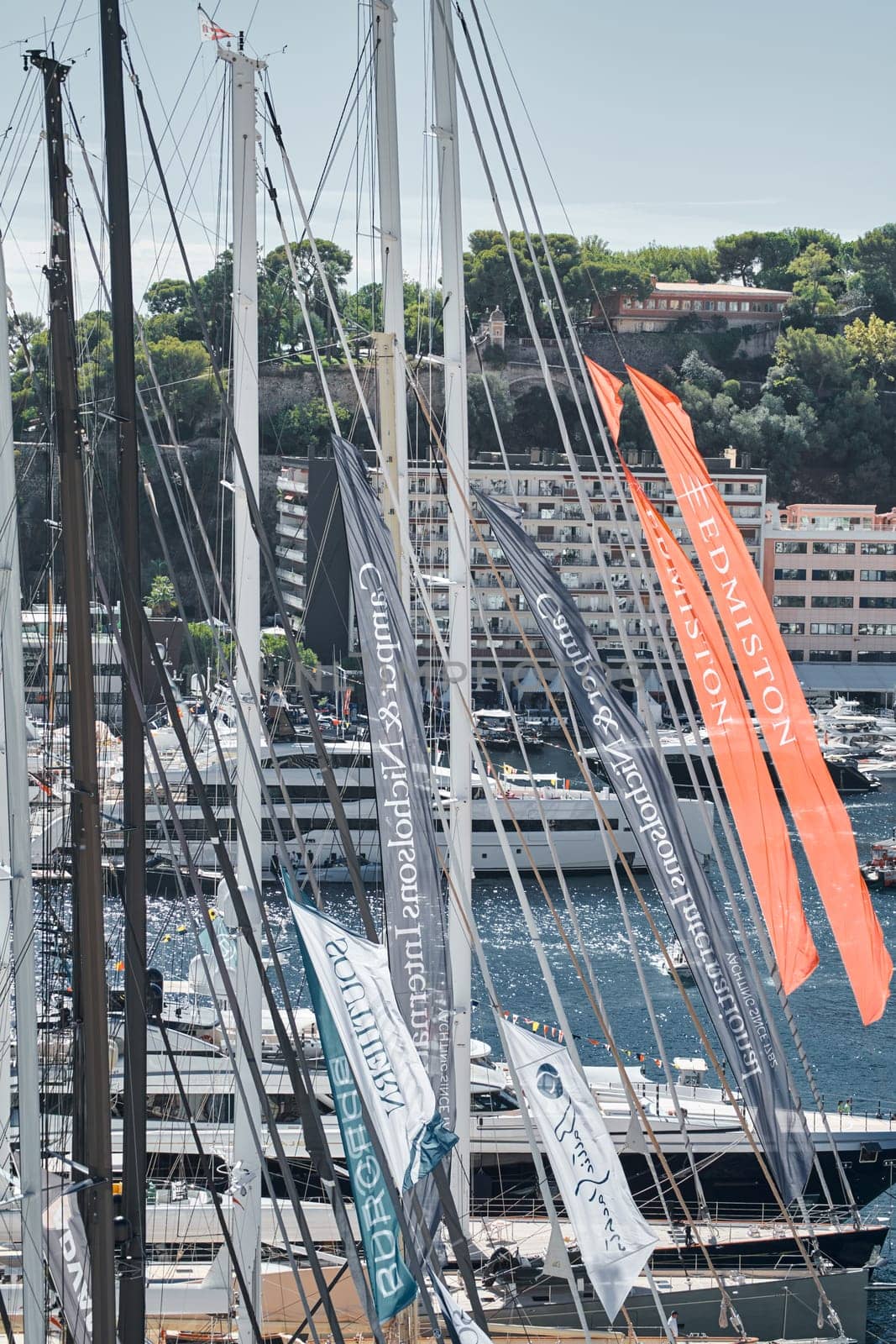 Monaco, Monte Carlo, 28 September 2022 - a lot of luxury yachts at the famous motorboat exhibition in the principality, the most expensive boats for the richest people around the world, yacht brokers. High quality photo