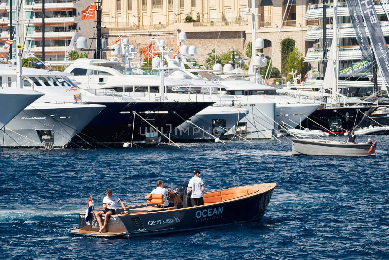 Monaco, Monte Carlo, 28 September 2022 - a lot of luxury yachts at the famous motorboat exhibition in the principality, the most expensive boats for the richest people around the world, yacht brokers. High quality photo