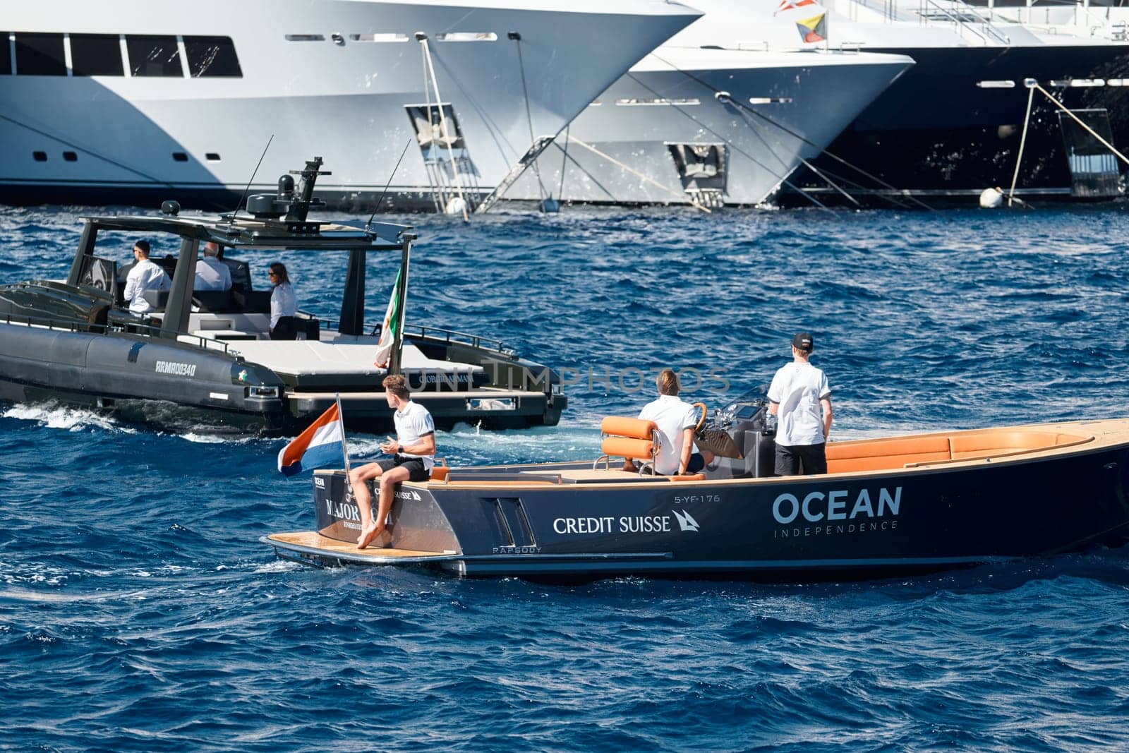 Monaco, Monte Carlo, 28 September 2022 - a lot of luxury yachts at the famous motorboat exhibition in the principality, the most expensive boats for the richest people around the world, yacht brokers. High quality photo