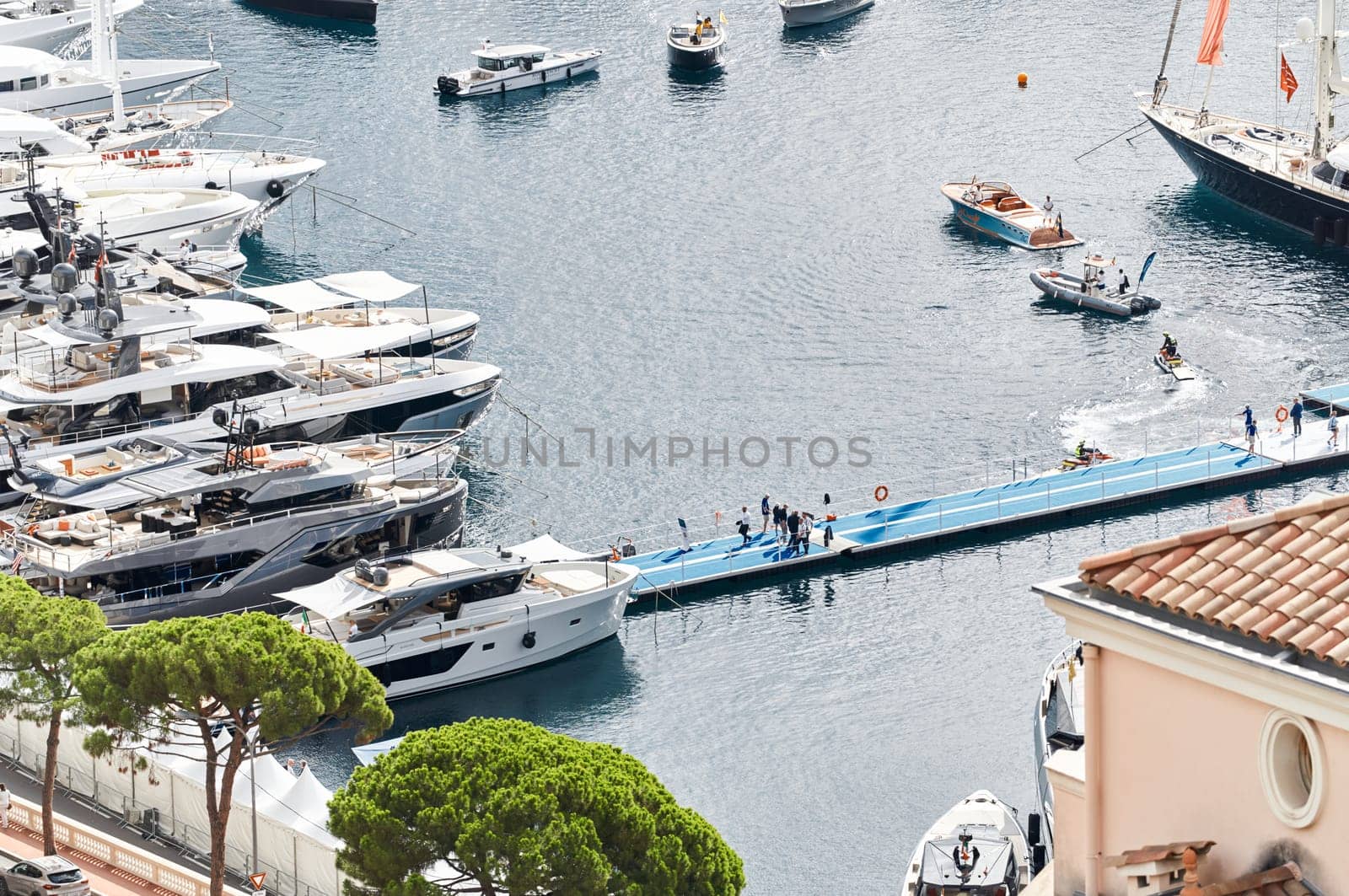 Monaco, Monte Carlo, 28 September 2022 - a lot of luxury yachts at the famous motorboat exhibition in the principality, the most expensive boats for the richest people around the world, yacht brokers. High quality photo