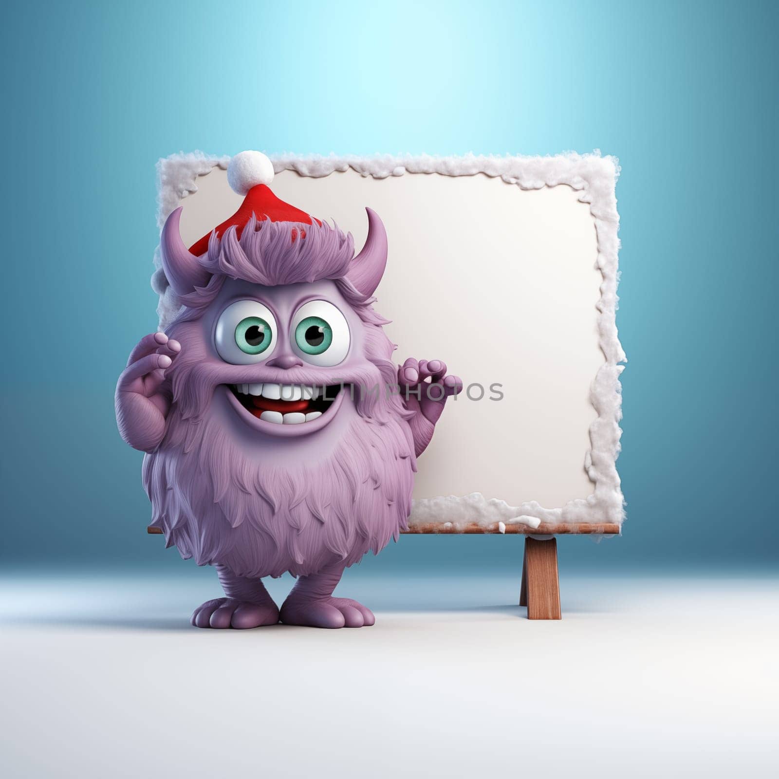 Funny purple monster in santa hat, standing near white blank banner, isolated on blue background. Copy space