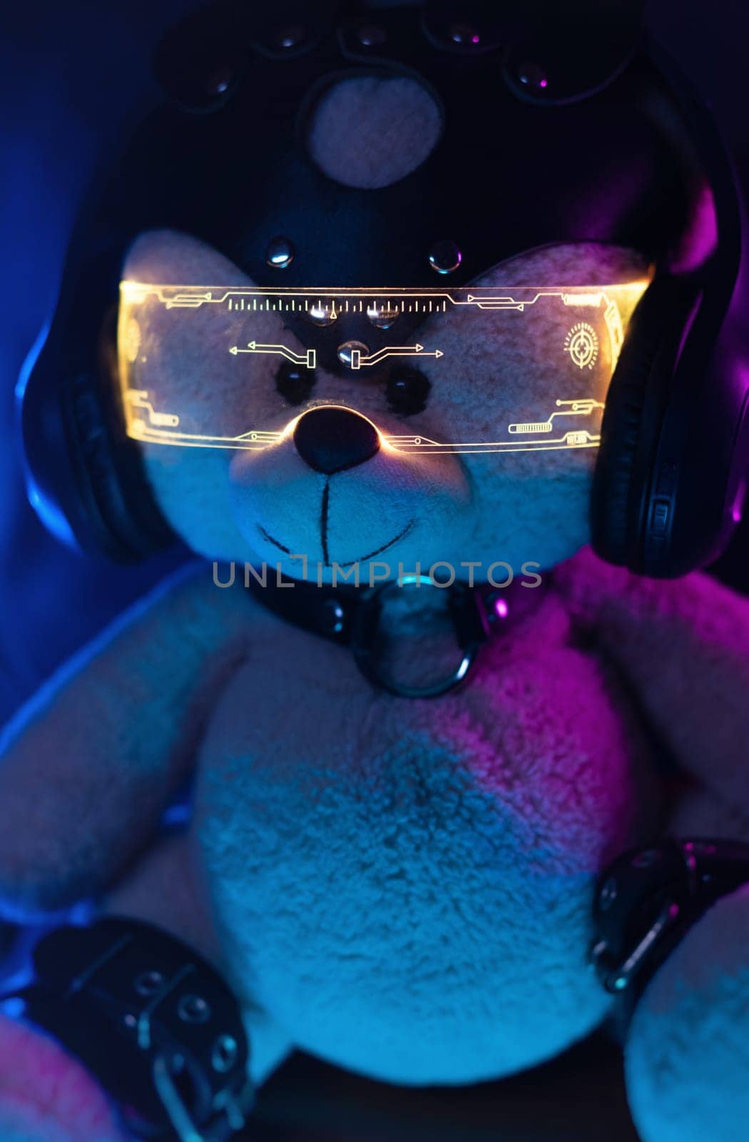 a toy bear dressed in leather BDSM belts, headphones and glowing glasses in neon light listens to music. dark background by Rotozey