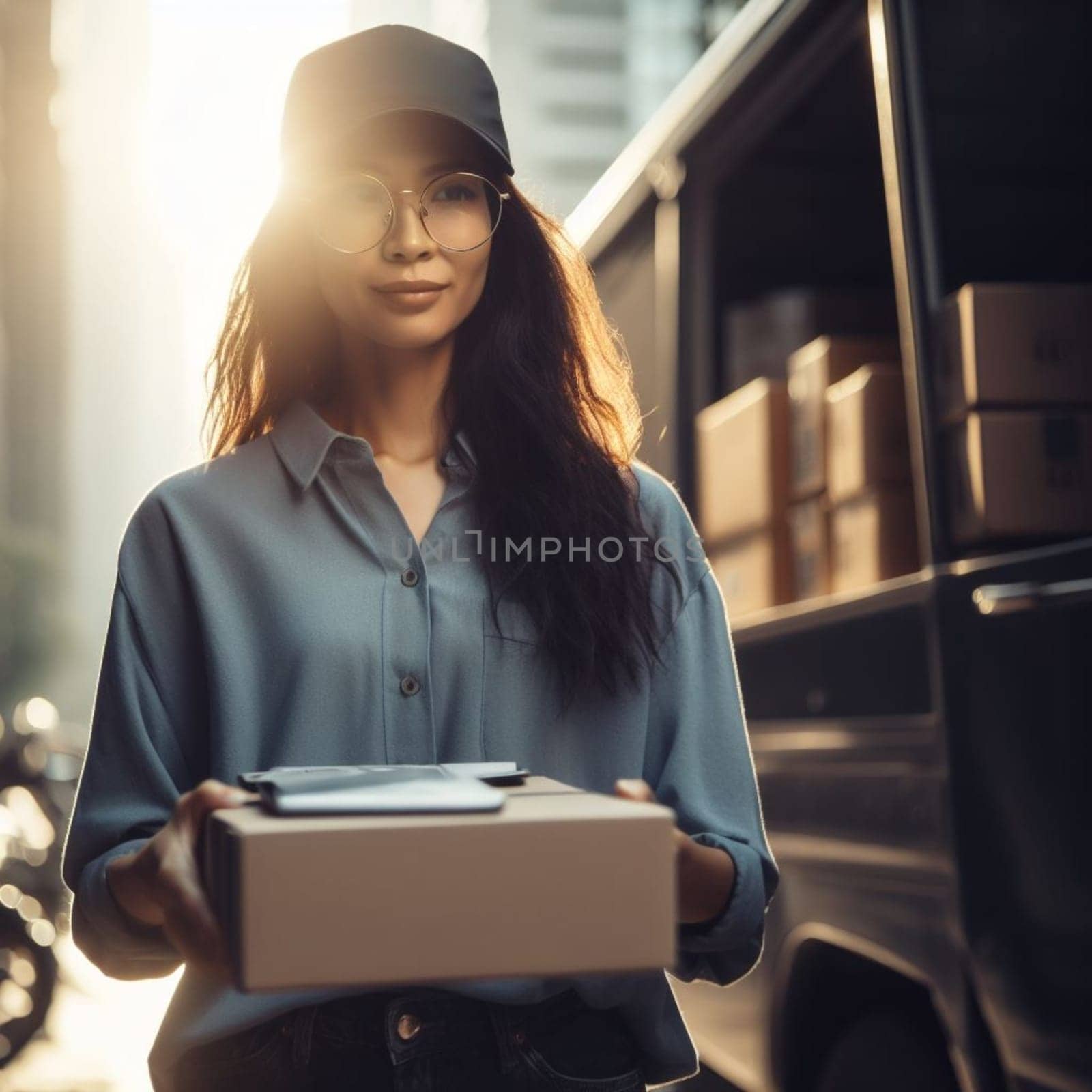 woman courier delivering e-commerce shopping and orders to the customers by verbano