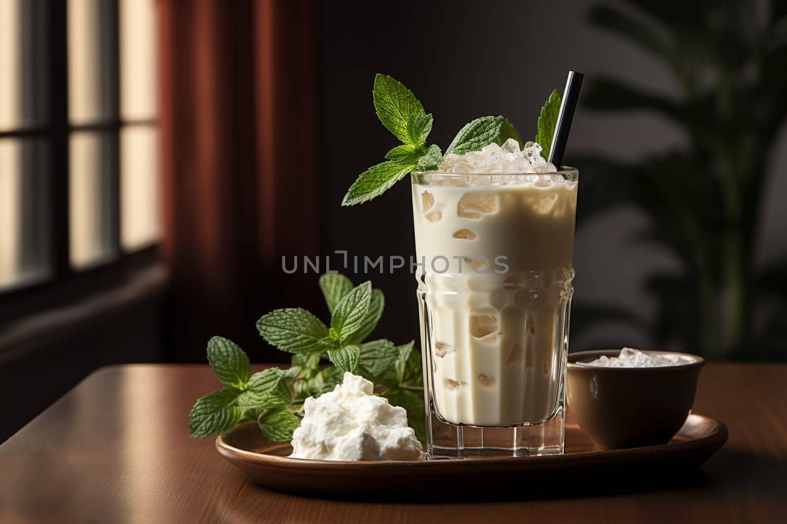 Peppermint White Russian with Vodka, coffee liqueur, peppermint schnapps, cream. Is a perfect cocktail for new year night. Deep depth of field.