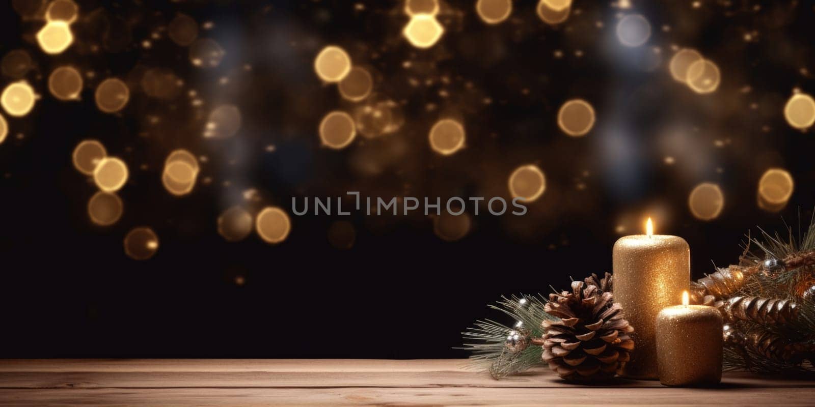 Merry Christmas and Happy New Year background with empty wooden table over Christmas tree and blurred light bokeh. Empty display for product placement. Rustic vintage Xmas 2024 background. comeliness