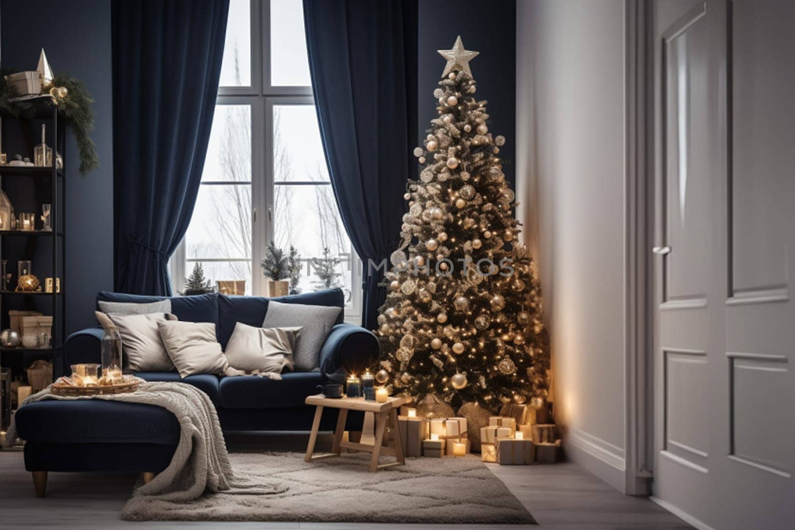 Contemporary living room adorned a Christmas tree and a stylish sofa by Ciorba