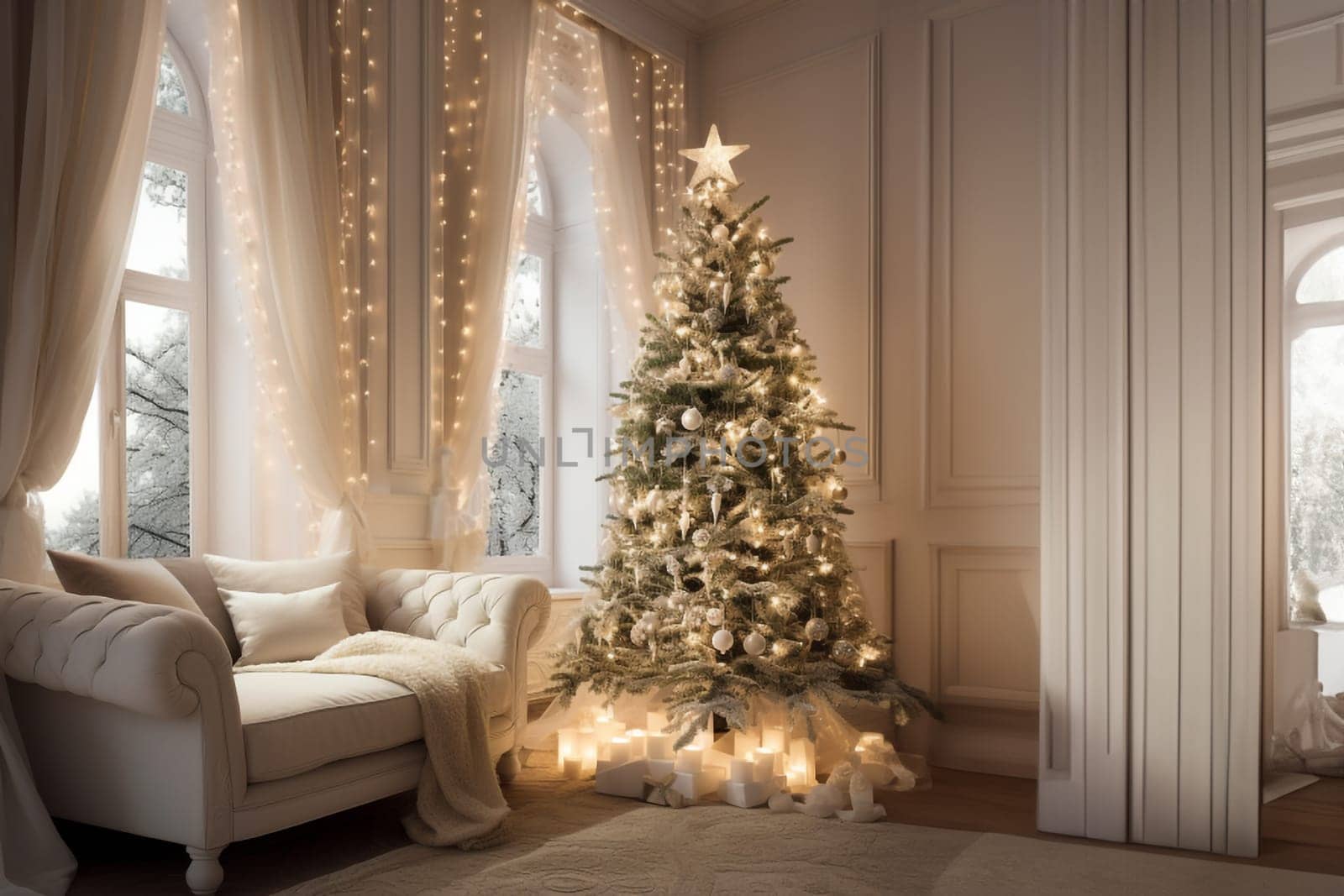 Contemporary living room adorned with a stunning Christmas tree and a stylish sofa by Ciorba