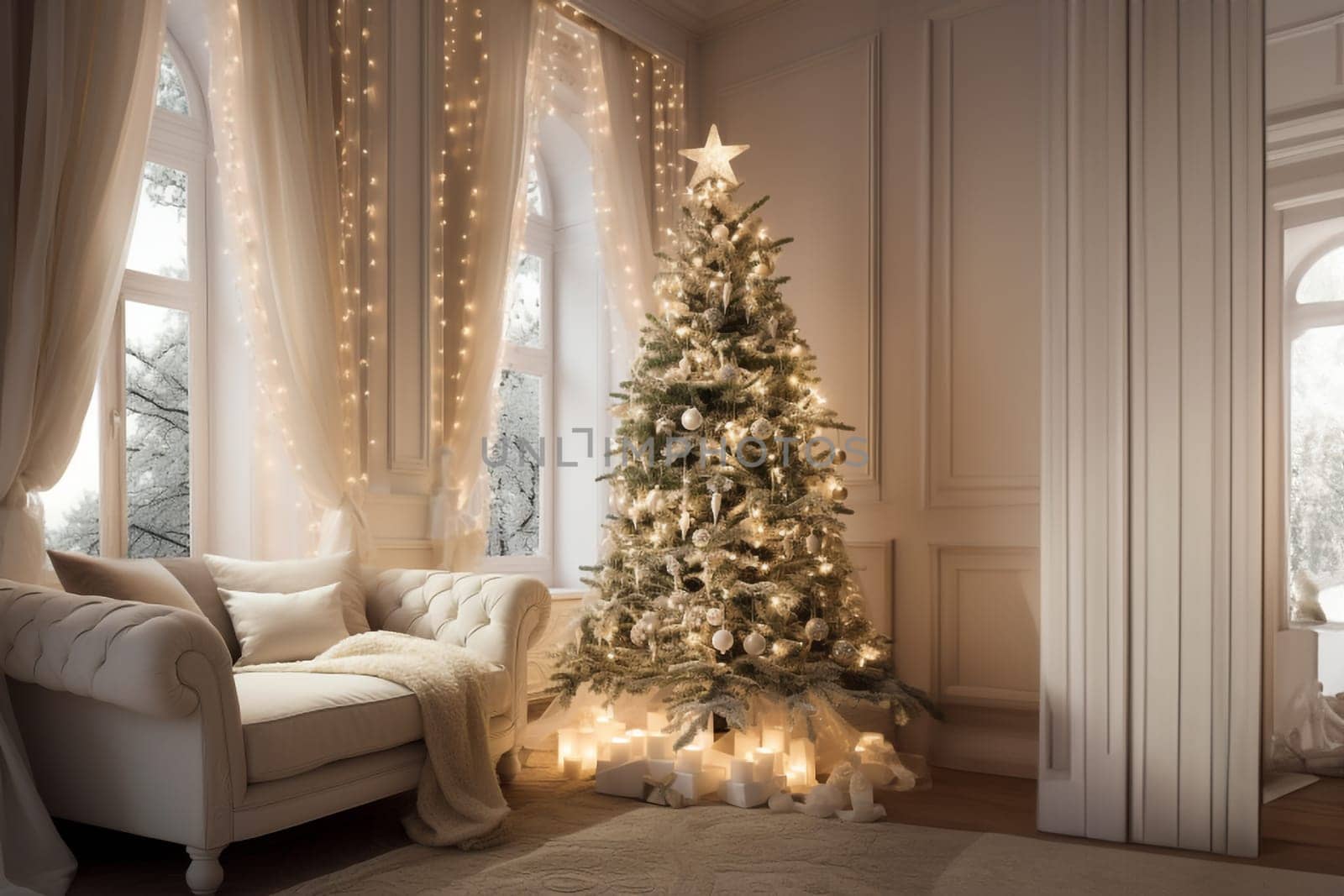 A spectacular Christmas tree and a sophisticated sofa embellish the contemporary living room. A fusion of elegance and festivity in interior decor