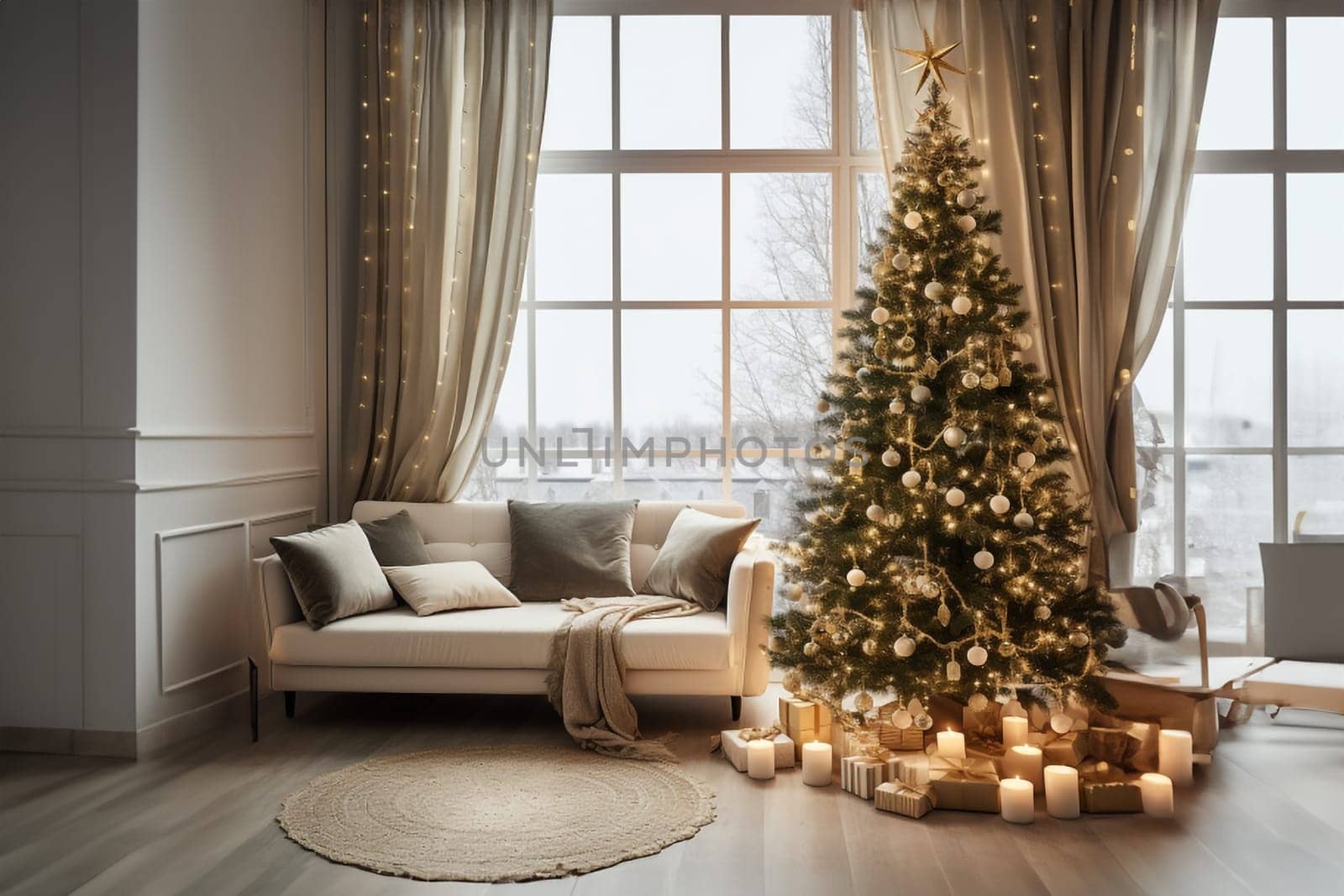 Contemporary living room adorned with a stunning Christmas tree and a stylish sofa by Ciorba