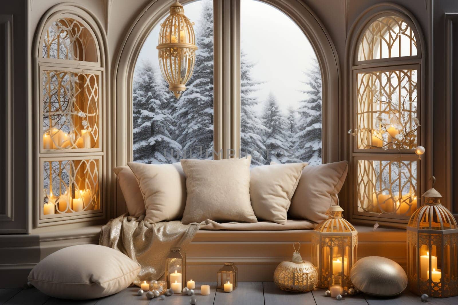 Illuminated room with a large window decorated for Christmas by Ciorba