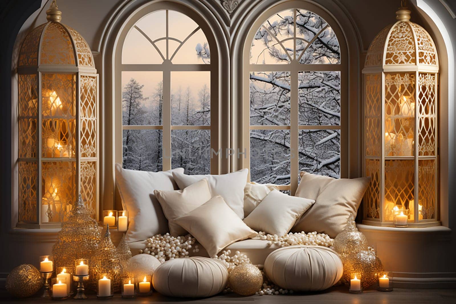 Illuminated room with a large window decorated for Christmas by Ciorba